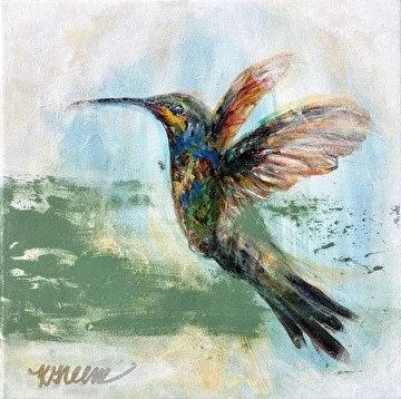 Colorful painting of a flying hummingbird with outstretched wings against a soft background.
