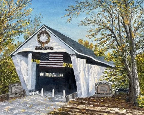 A painted depiction of a covered bridge decorated with a wreath, an American flag, and black and yellow ribbon, surrounded by trees in fall colors.