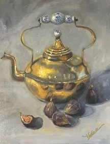 A still life painting of a gold teapot with a lid, surrounded by walnuts, set against a gray background.