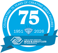 A circular badge celebrating 75 years of the Tom S. Sheehan Boys & Girls Club of Novi, from 1951 to 2026, with a diamond graphic and the club's logo at the bottom.