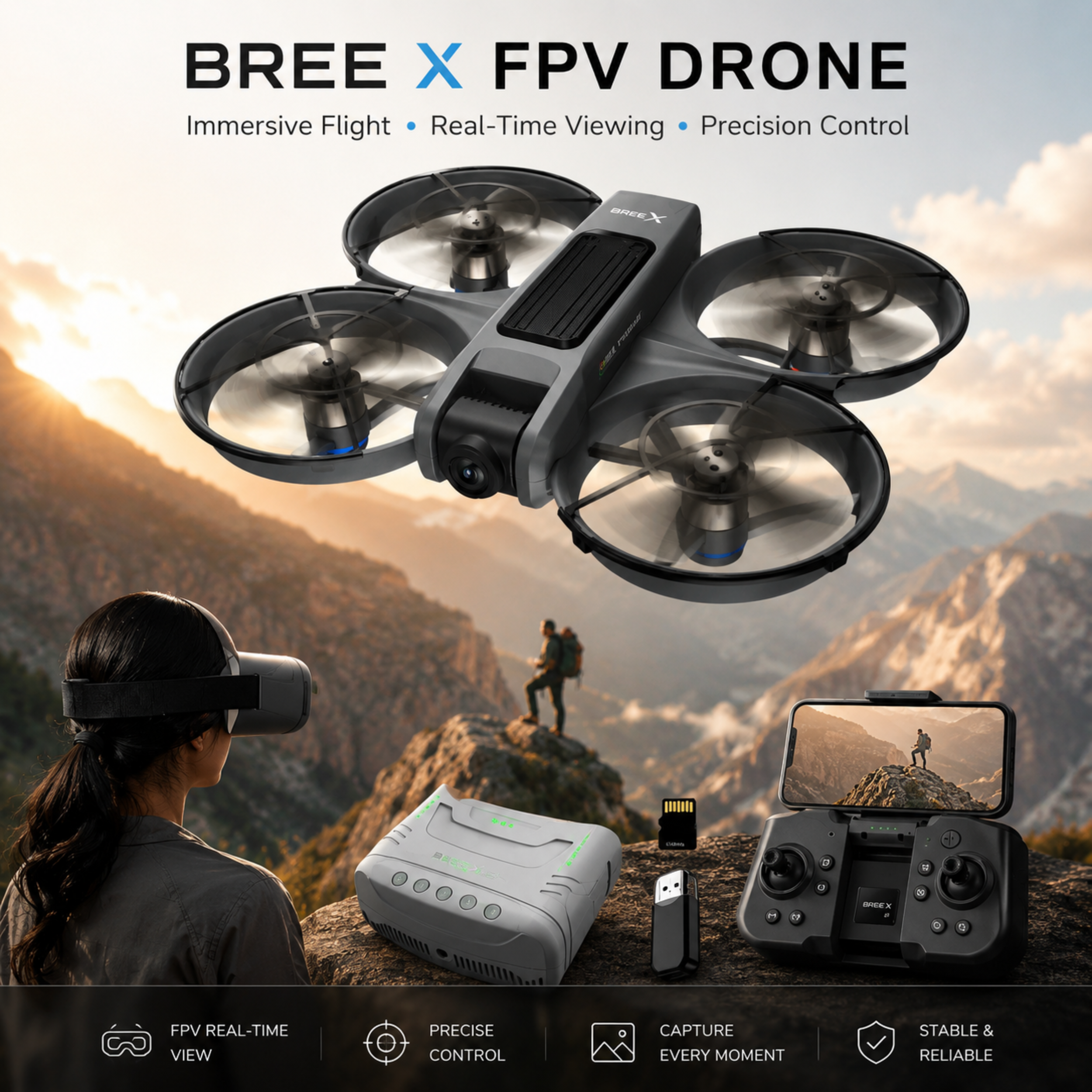 X226 VR FPV drone with goggles, LED screen remote controller, extra batteries, and mountain flight background