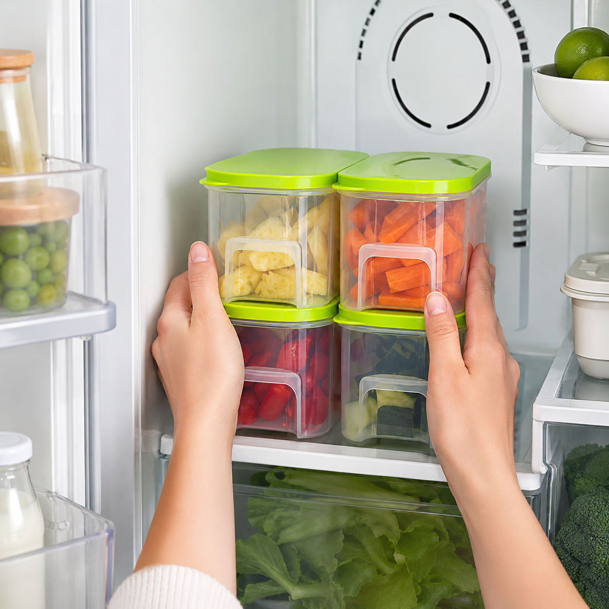 Stackable food storage containers filled with chopped vegetables inside a refrigerator