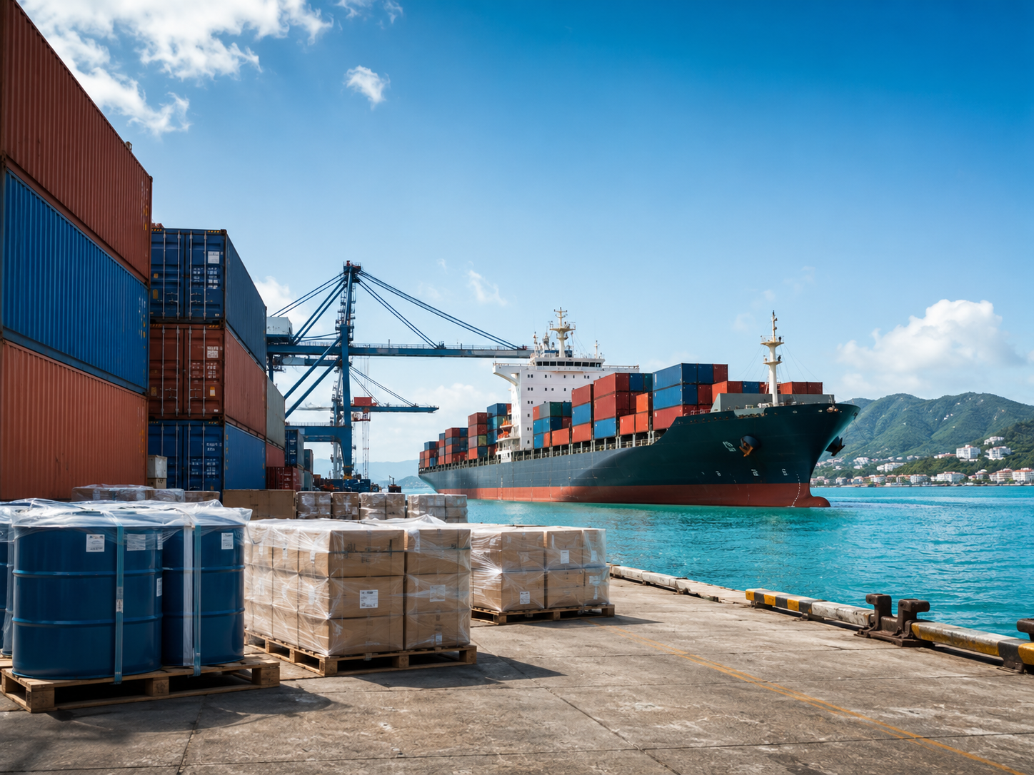 Cargo ship docked at a port, with stacked shipping containers and large blue cranes, mountains in the background, and a bright blue sky with some clouds.