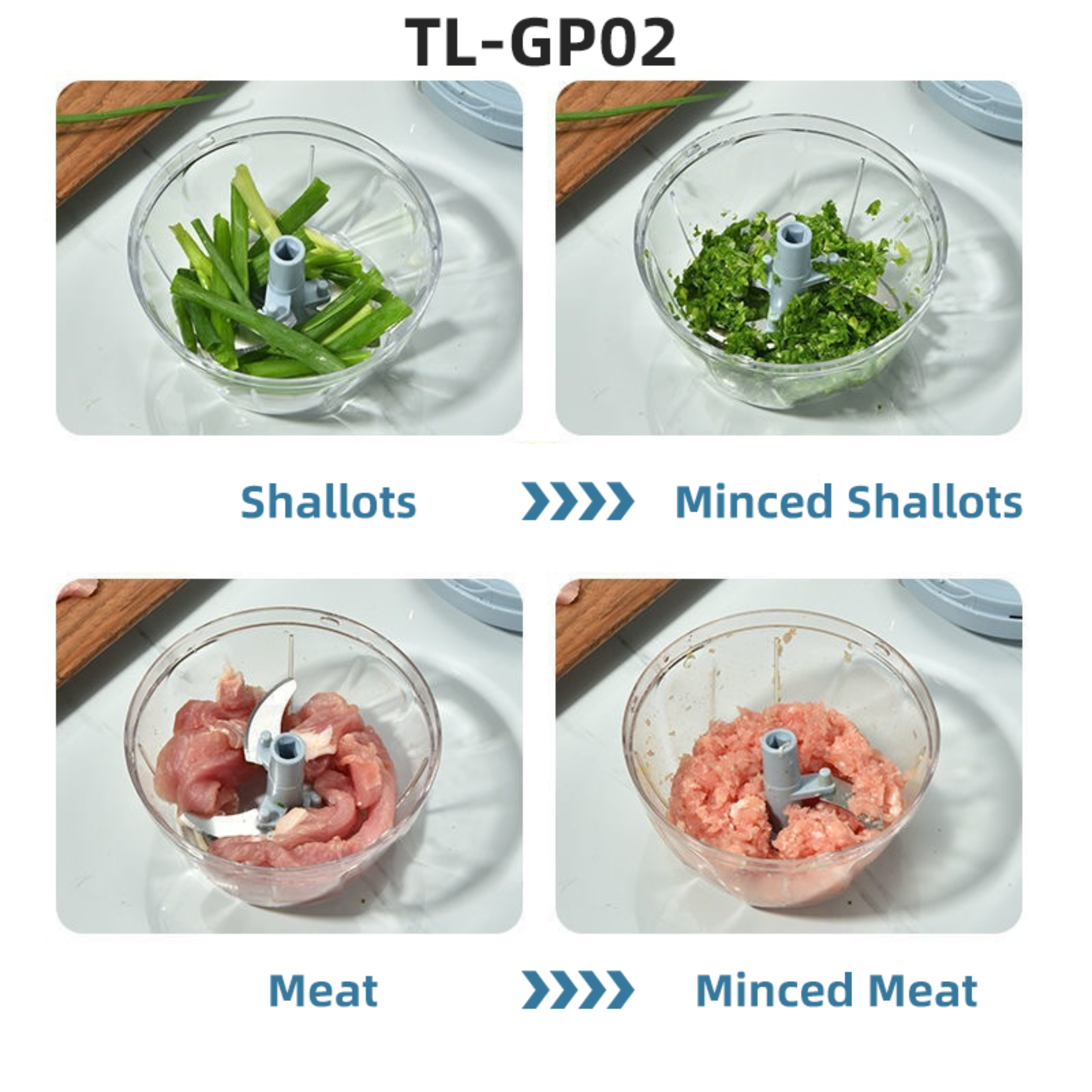 Manual food chopper results showing chopped garlic, chili, shallots, and other ingredients inside clear bowl