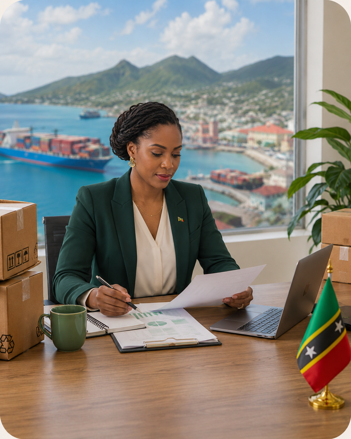 A woman with braided hair and earrings wearing a dark green blazer reads documents at a desk. She is in an office with a large window overlooking a harbor with ships and green mountains. There are cardboard boxes, a laptop, a green mug, and a small flag of Saint Kitts and Nevis on the desk.