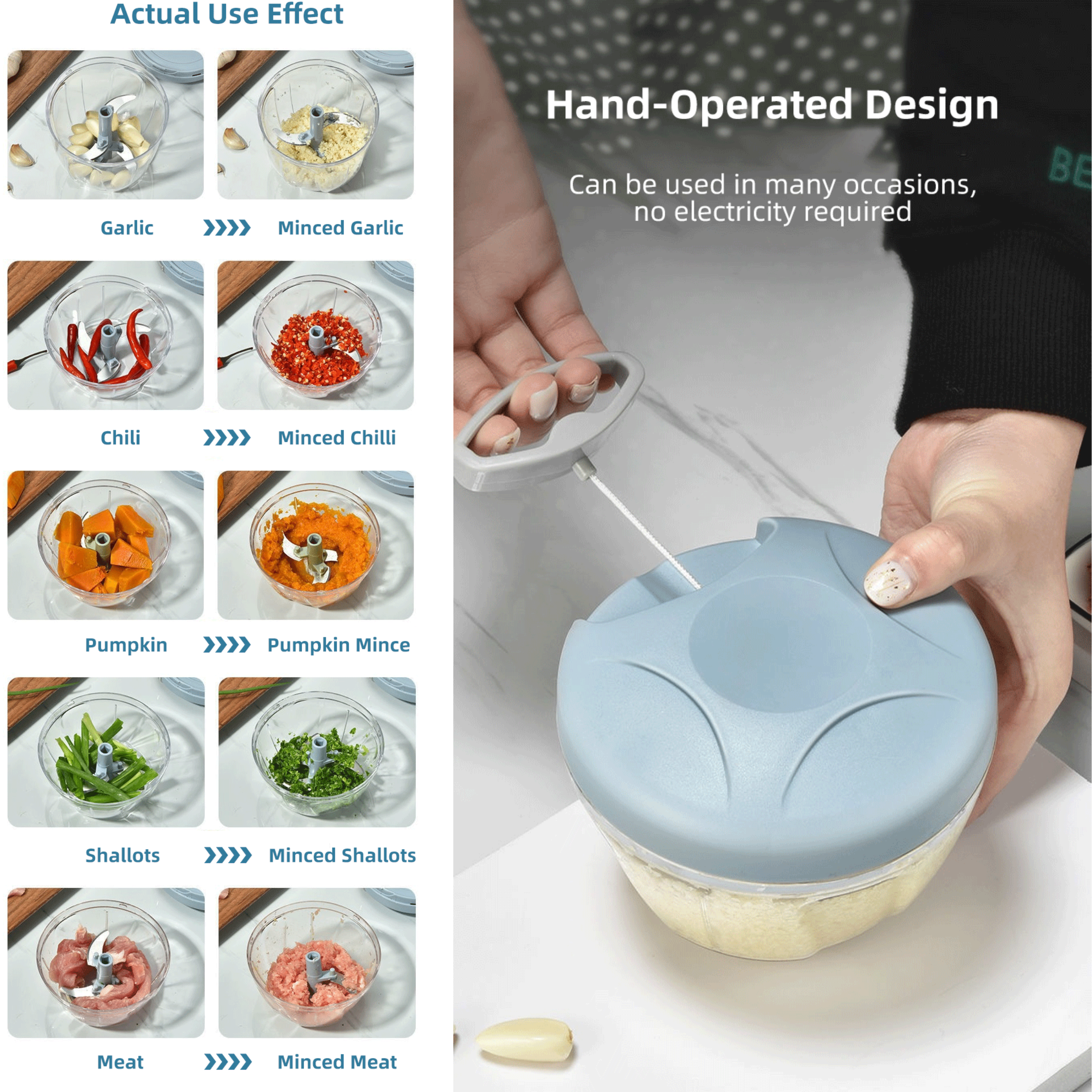 Hand-operated pull string food chopper design with no electricity required for quick kitchen prep