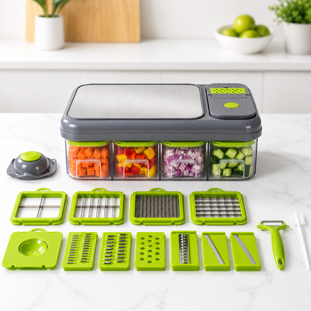 Mandoline food chopper vegetable slicer set with storage containers, stainless steel blades, peeler, cleaning brush, and hand guard on kitchen counter