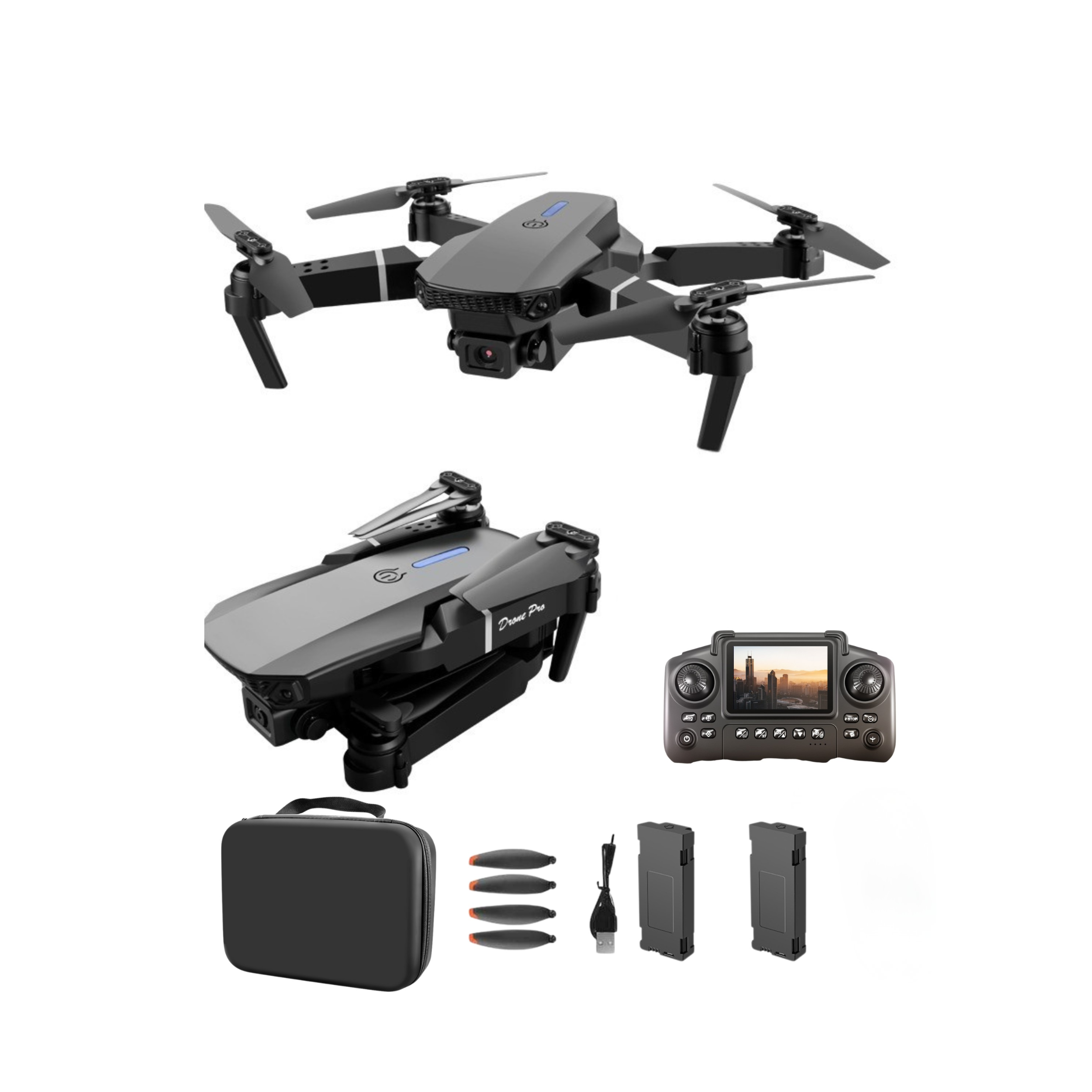 E88 Pro black dual camera drone with screen remote controller, two batteries, spare blades, storage bag, and charging cable