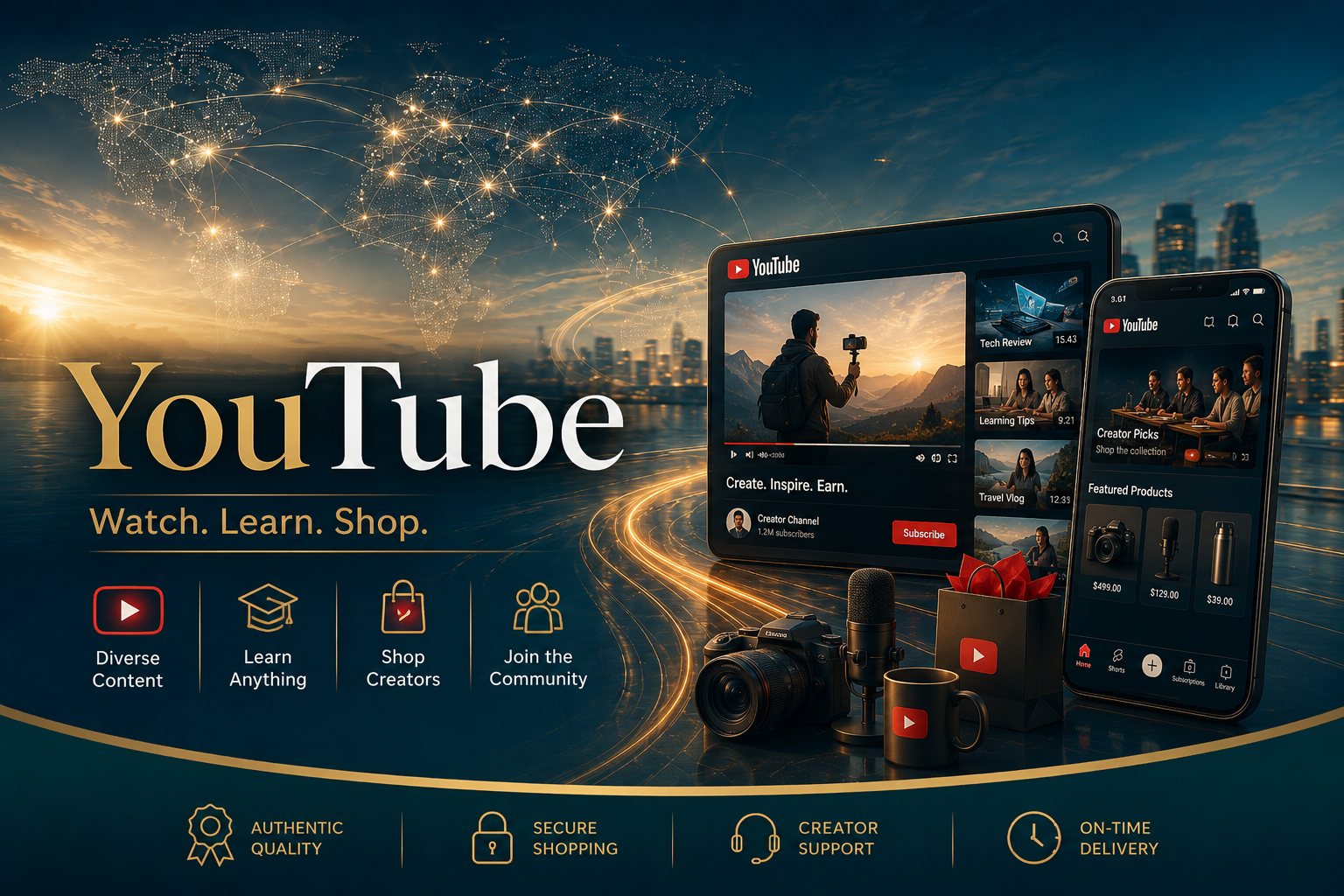 YouTube promotional graphic featuring a man with a backpack filming a mountain sunset, with digital icons and devices like a tablet and smartphone displaying YouTube content and shopping options. The background shows a city skyline and a world map with glowing connections.