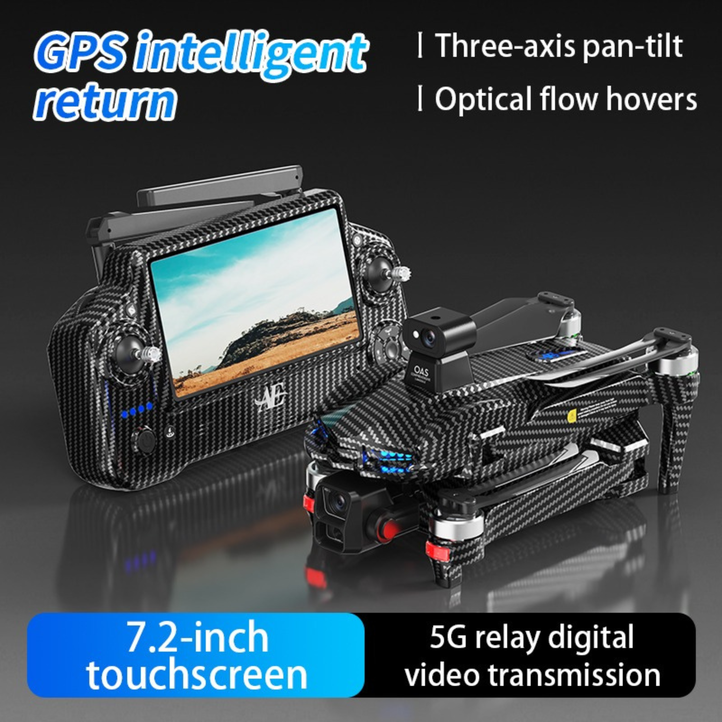 AE60 Ultra carbon fiber 4K GPS drone with 3-axis gimbal, obstacle avoidance, touchscreen controller, and foldable design