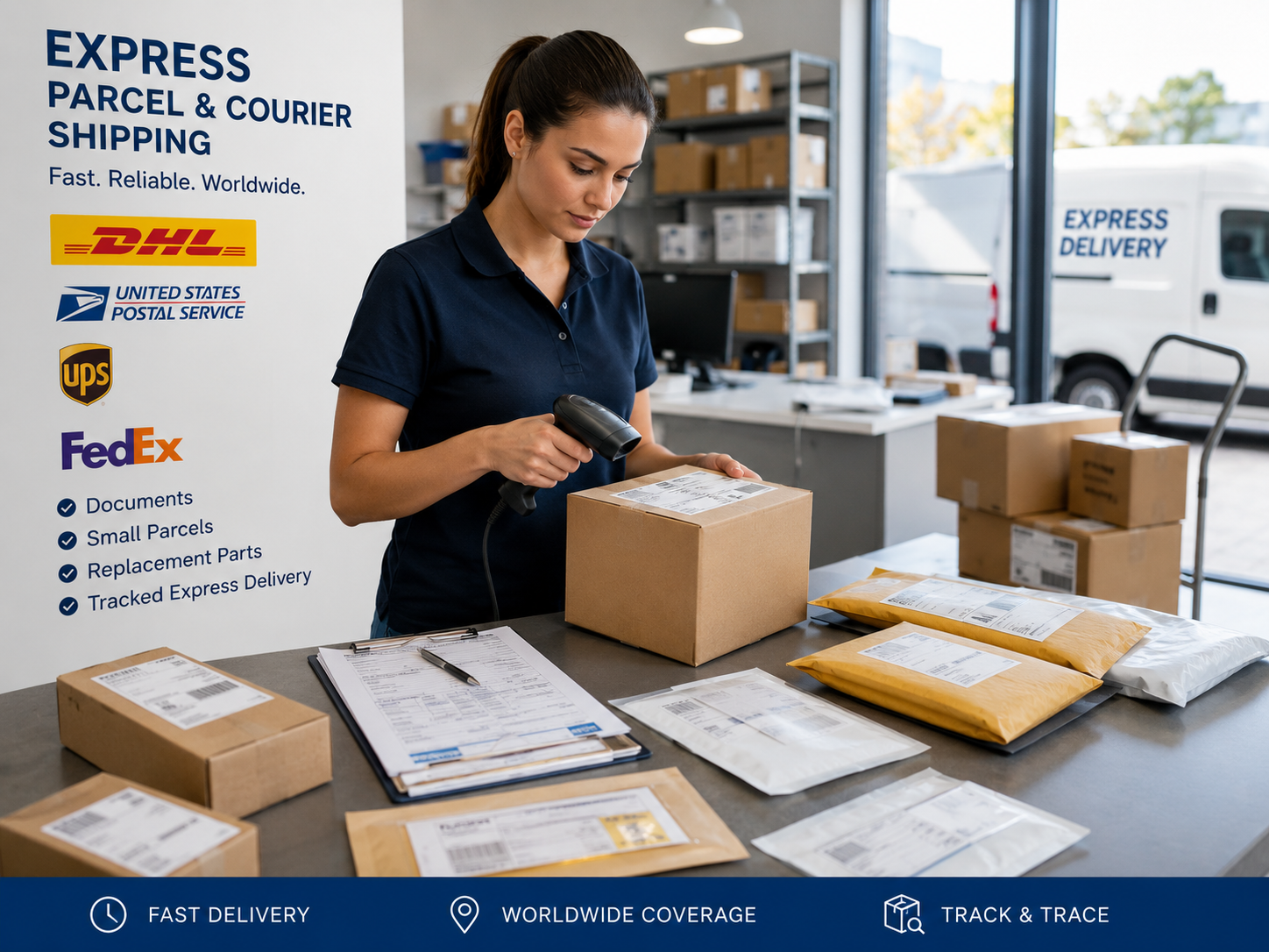 A woman in a navy polo shirt using a barcode scanner to scan a small cardboard package at a parcel shipping counter. In the background, there are shelves with boxes and a window showing delivery vans outside. To the left, a sign displays logos of shipping companies like DHL, USPS, UPS, and FedEx, and lists services such as documents, small parcels, replacement parts, and tracked express delivery. On the table, there are various packages, some in brown and yellow padded envelopes, along with a clipboard and pen.