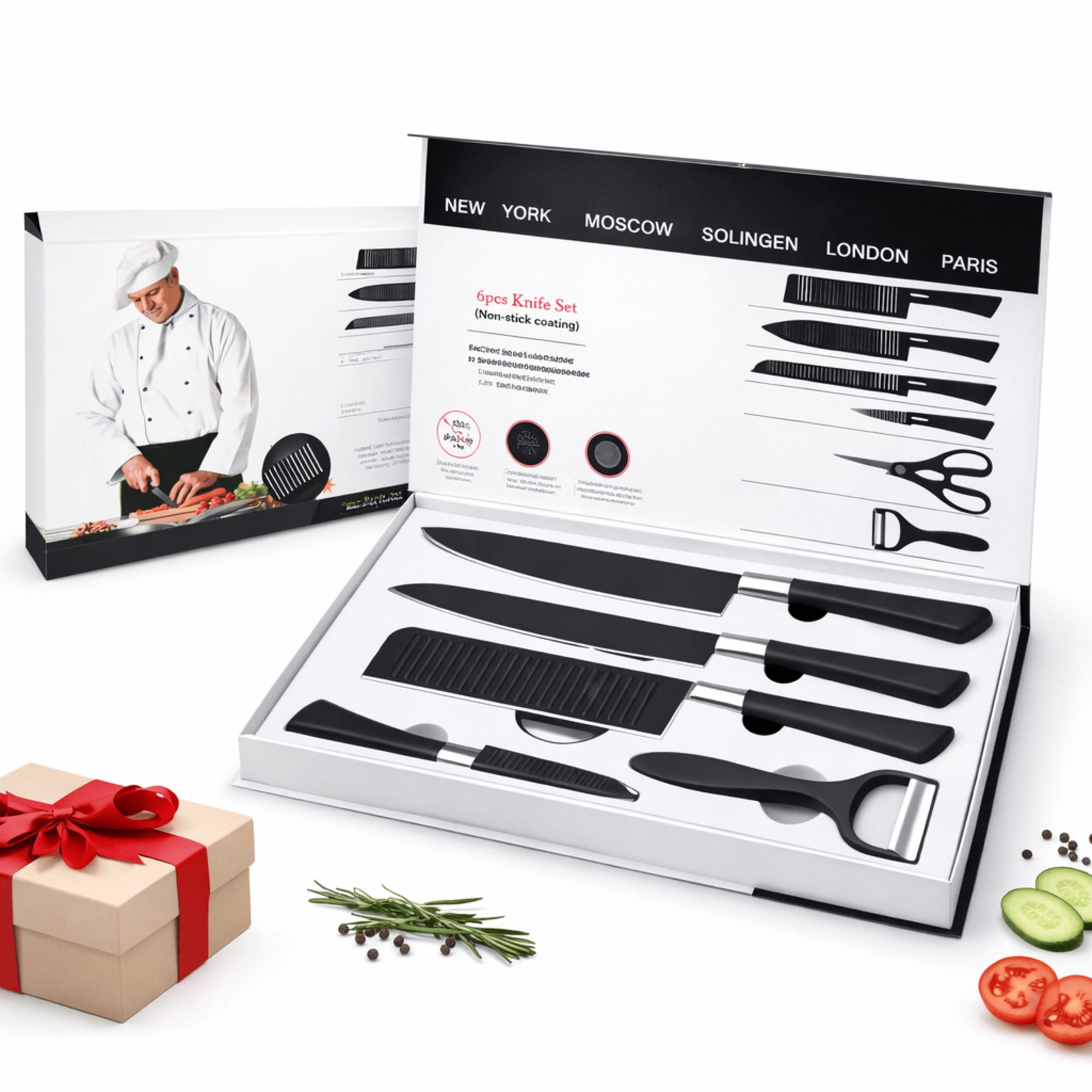 A 6-piece kitchen knife set with nonstick blades, kitchen scissors, peeler, ergonomic handles, and gift box packaging for slicing, chopping, peeling, cooking, food prep, and everyday kitchen use.