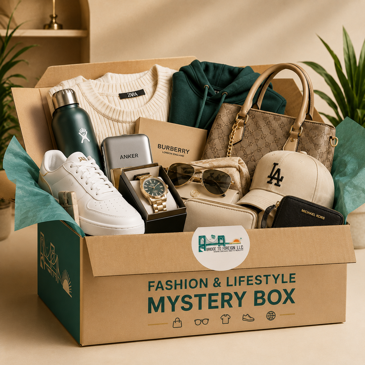 A cardboard box labeled "Fashion & Lifestyle Mystery Box" filled with clothing, accessories, and personal items such as a sweater, hoodie, handbag, hat, sunglasses, shoes, watch, water bottle, wallet, and phone, with green tissue paper and a cover illustration of a bridge and sun.