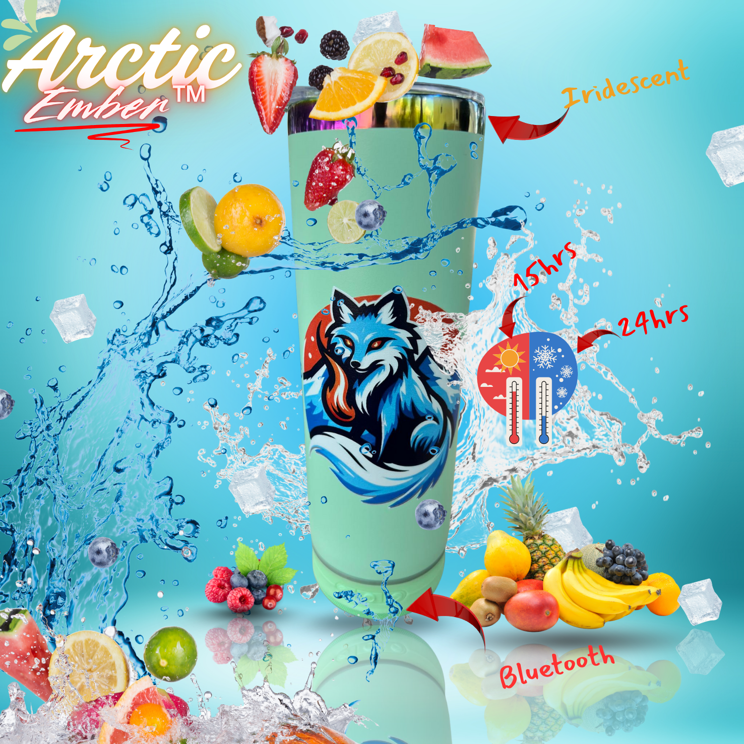 Blue insulated Bluetooth speaker tumbler with straw lid, fruit splash, water splash, Bluetooth feature, and cold drink design