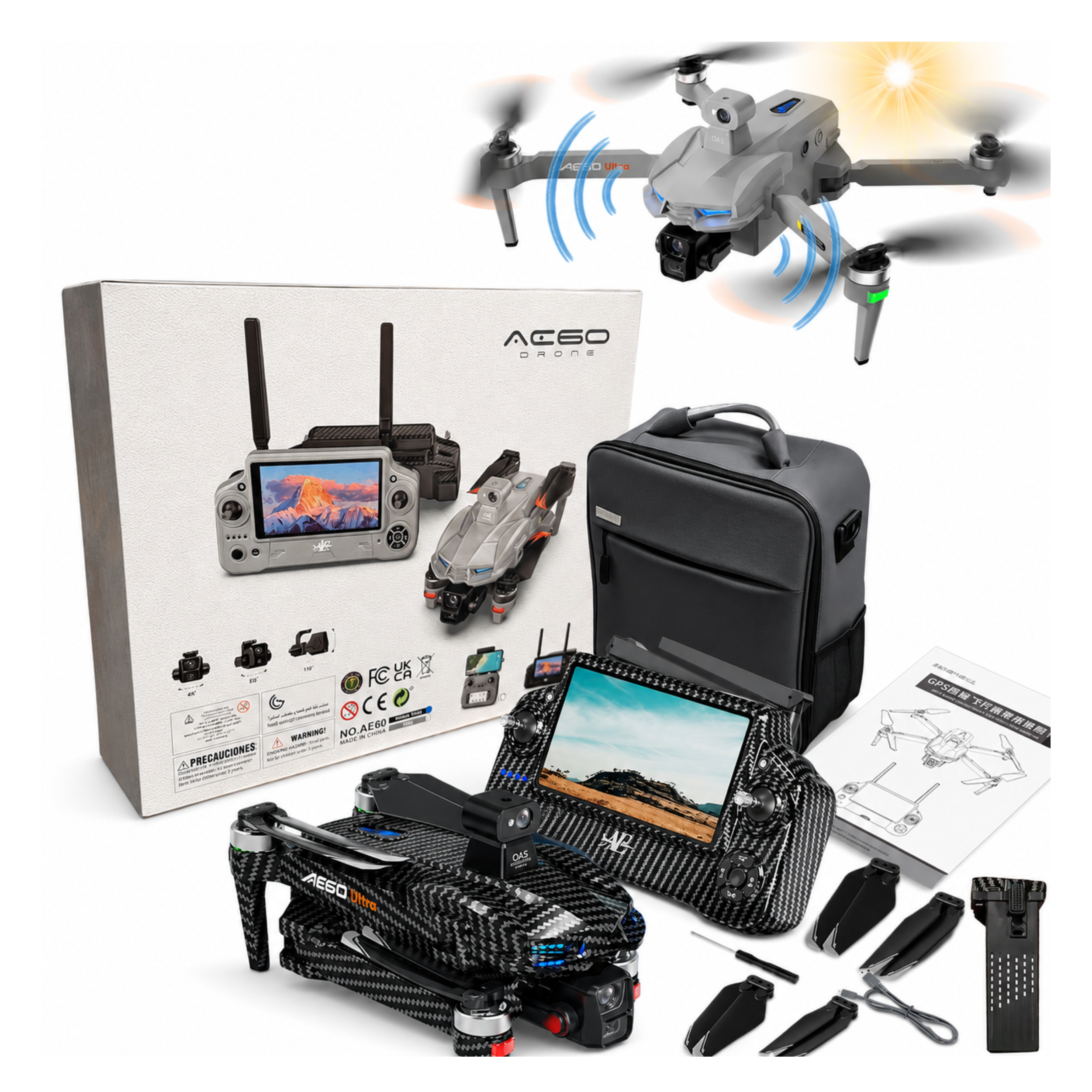 AE60 Ultra carbon fiber 4K GPS drone with 3-axis gimbal, obstacle avoidance, touchscreen controller, and foldable design