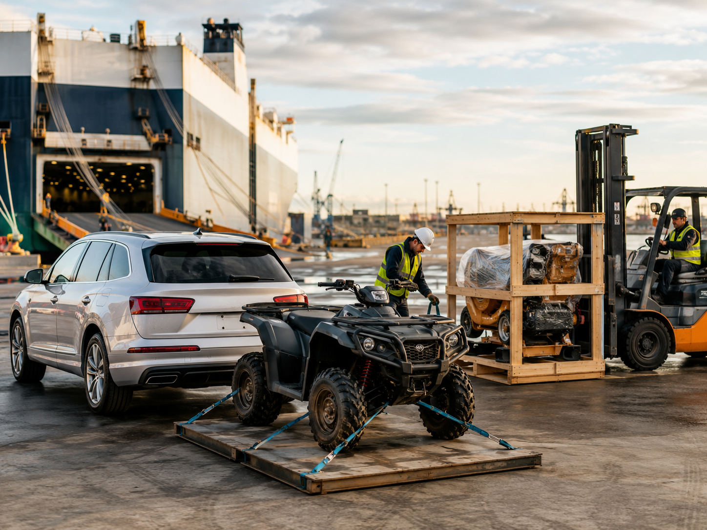 Workers at a dockyard unloading equipment, including a quad bike, from a cargo ship using a forklift and a forklift truck, with the ship's ramp open and cranes in the background.