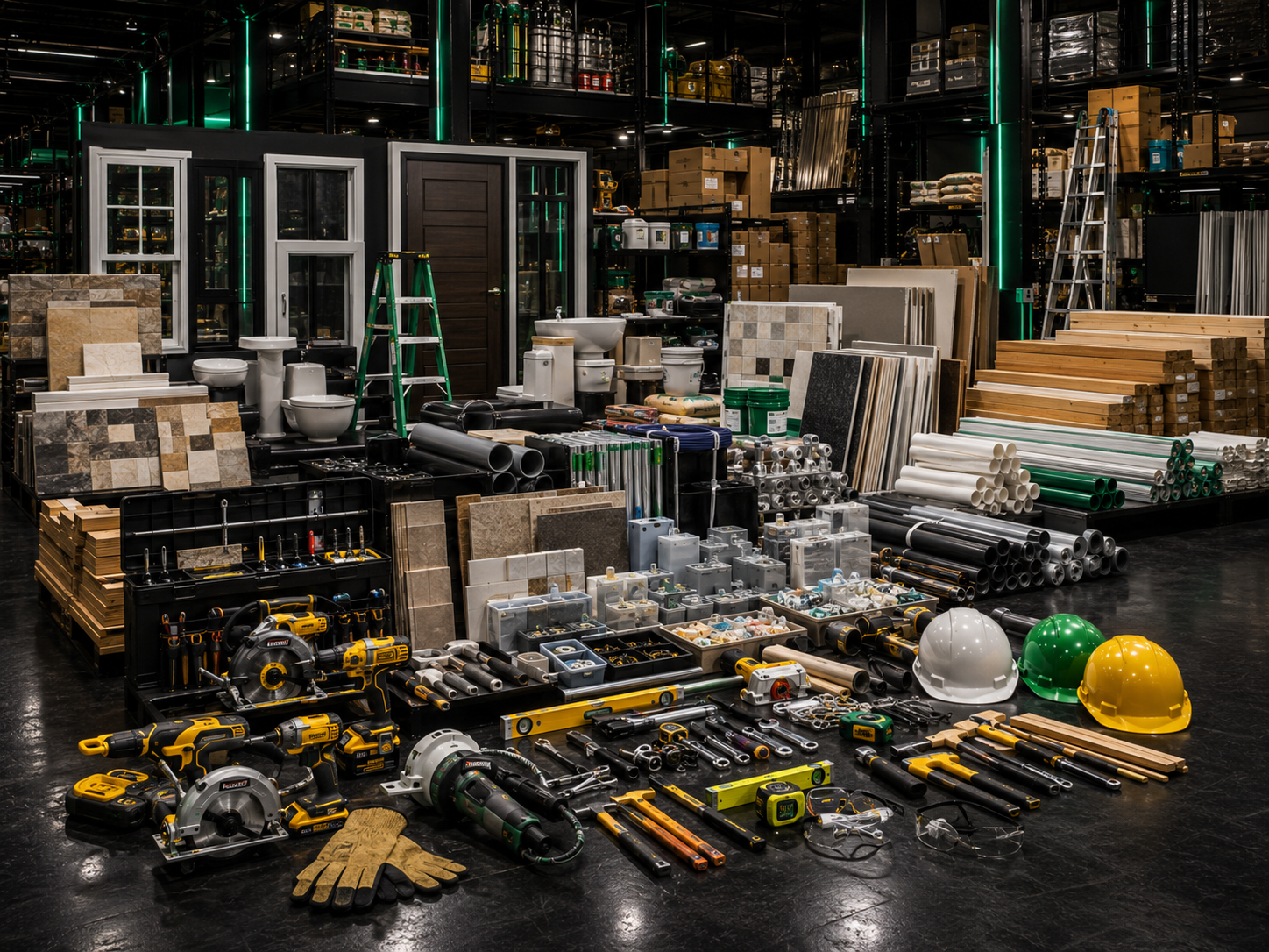 Warehouse with hardware, tools, building supplies, and safety gear organized and displayed for sale.