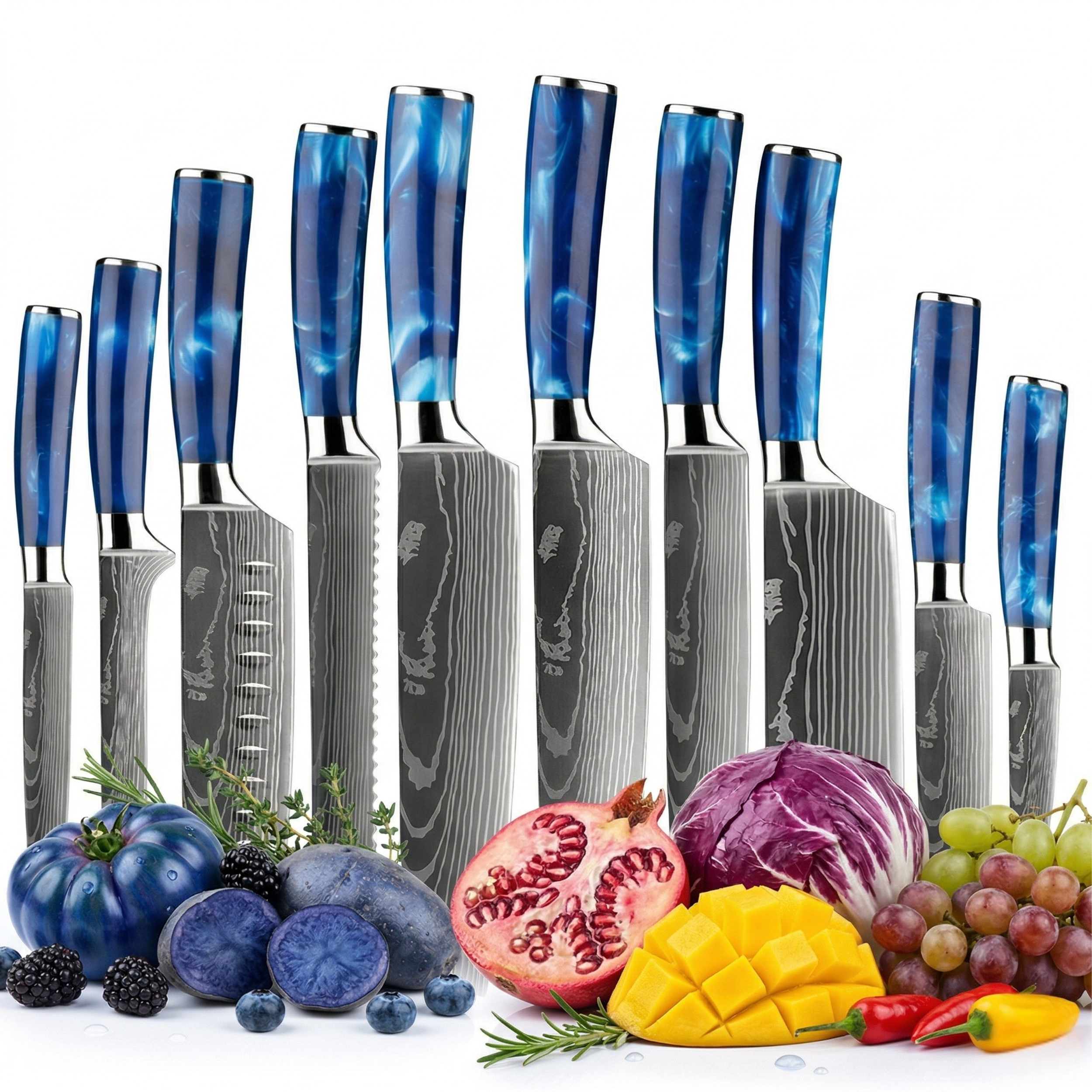 Damascus-Style Kitchen Knife Set with Blue Resin Handles, 8-Piece and 10-Piece Options