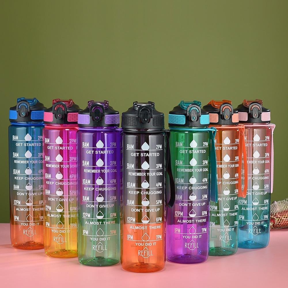 32 oz Motivational Water Bottle with Time Markers and Leak-Resistant Lid