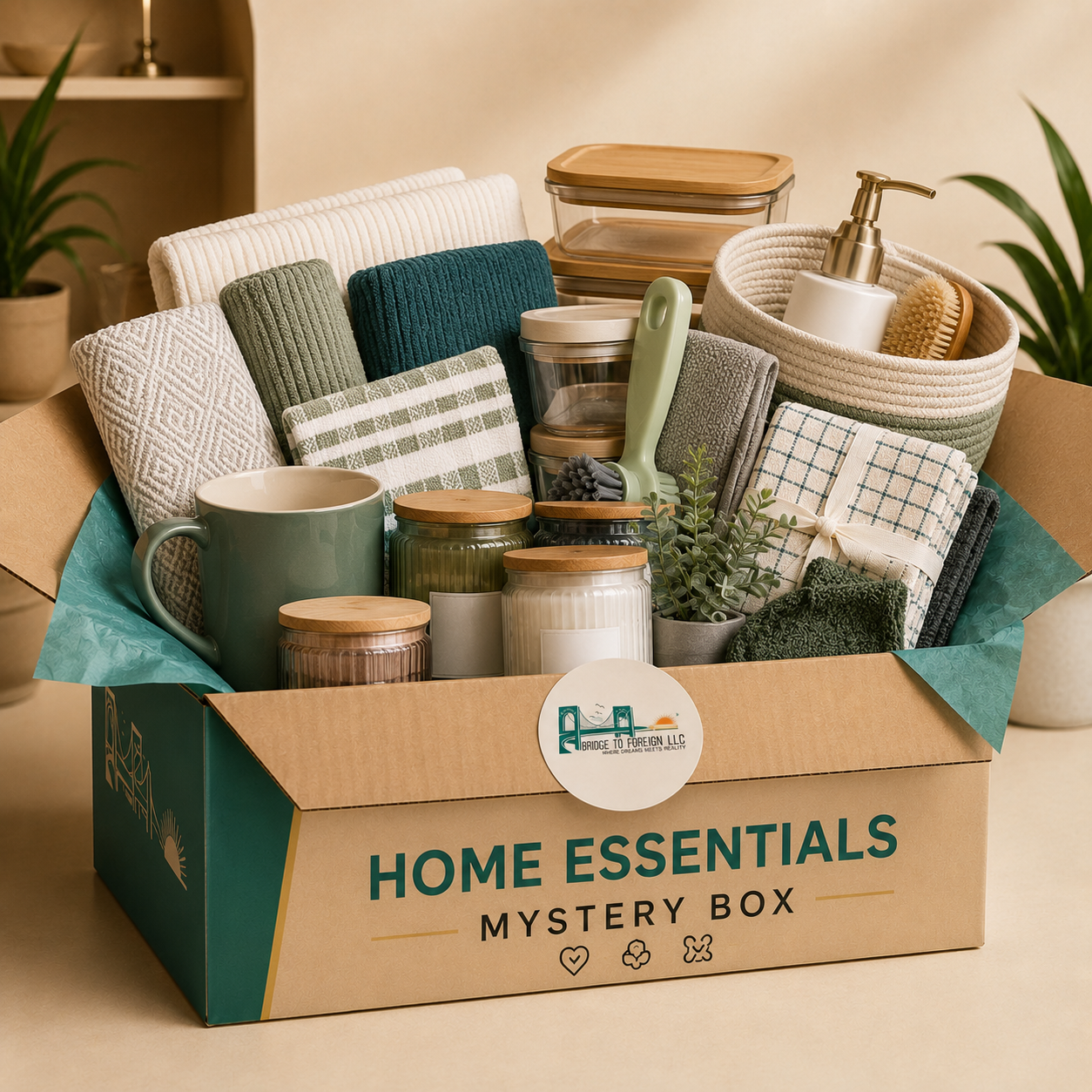 A box labeled 'Home Essentials Mystery Box' filled with various home goods, including towels, mugs, jars, a plant, and a soap dispenser.
