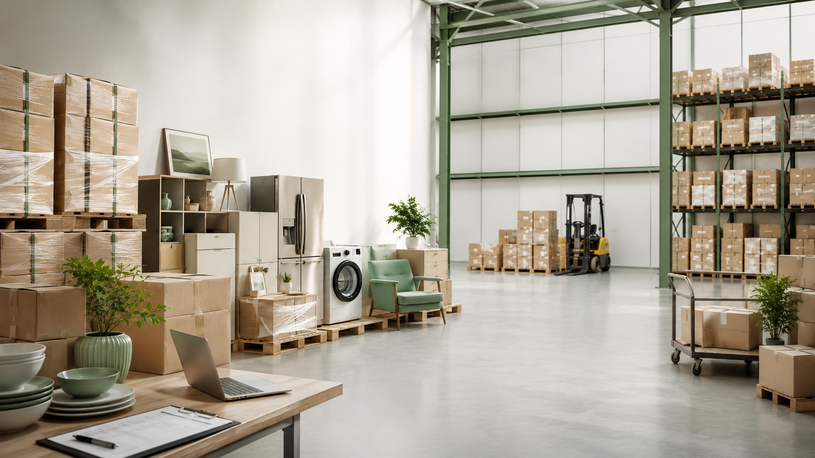Interior of a warehouse with stacked boxes, shelving units, a forklift, and a workspace with a table, laptop, and dishes.