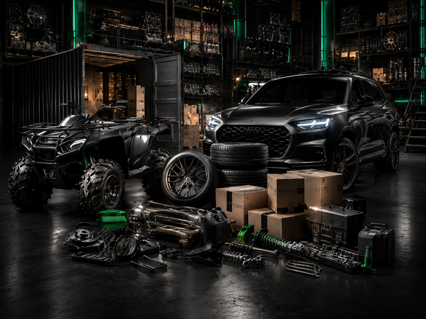 A black SUV and a quad bike with various car parts, tires, and boxes in a dimly lit garage or workshop, with shelves filled with car parts and tools in the background.