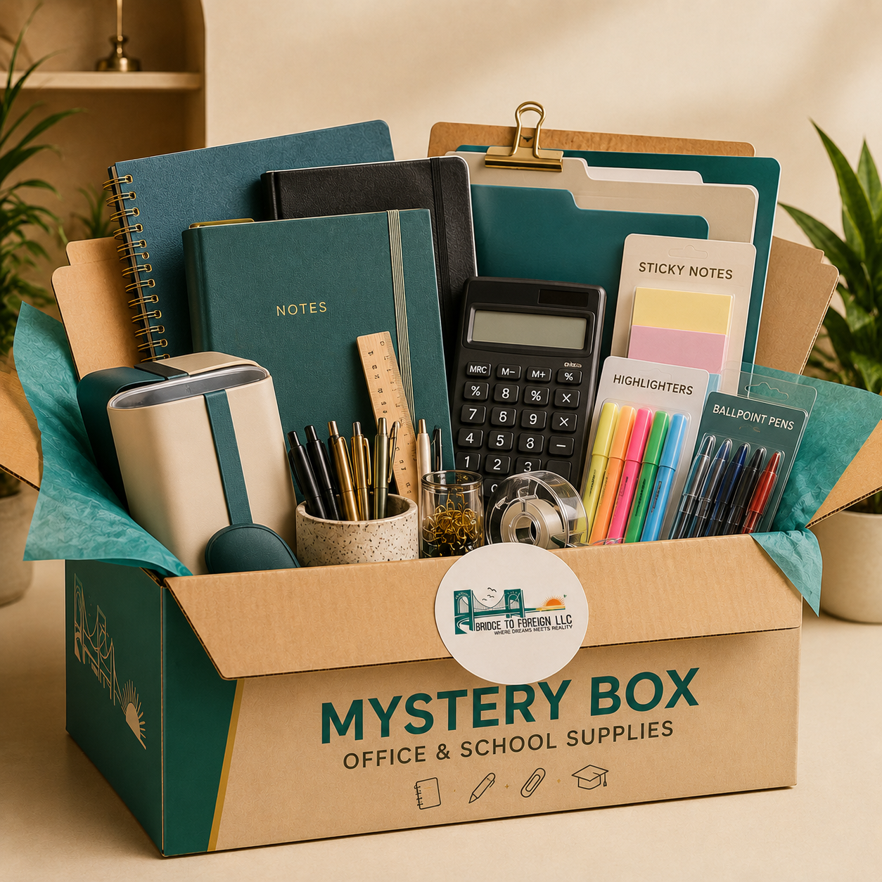 Box labeled 'Mystery Box' filled with office and school supplies including notebooks, pens, sticky notes, highlighters, a calculator, and a tape dispenser.