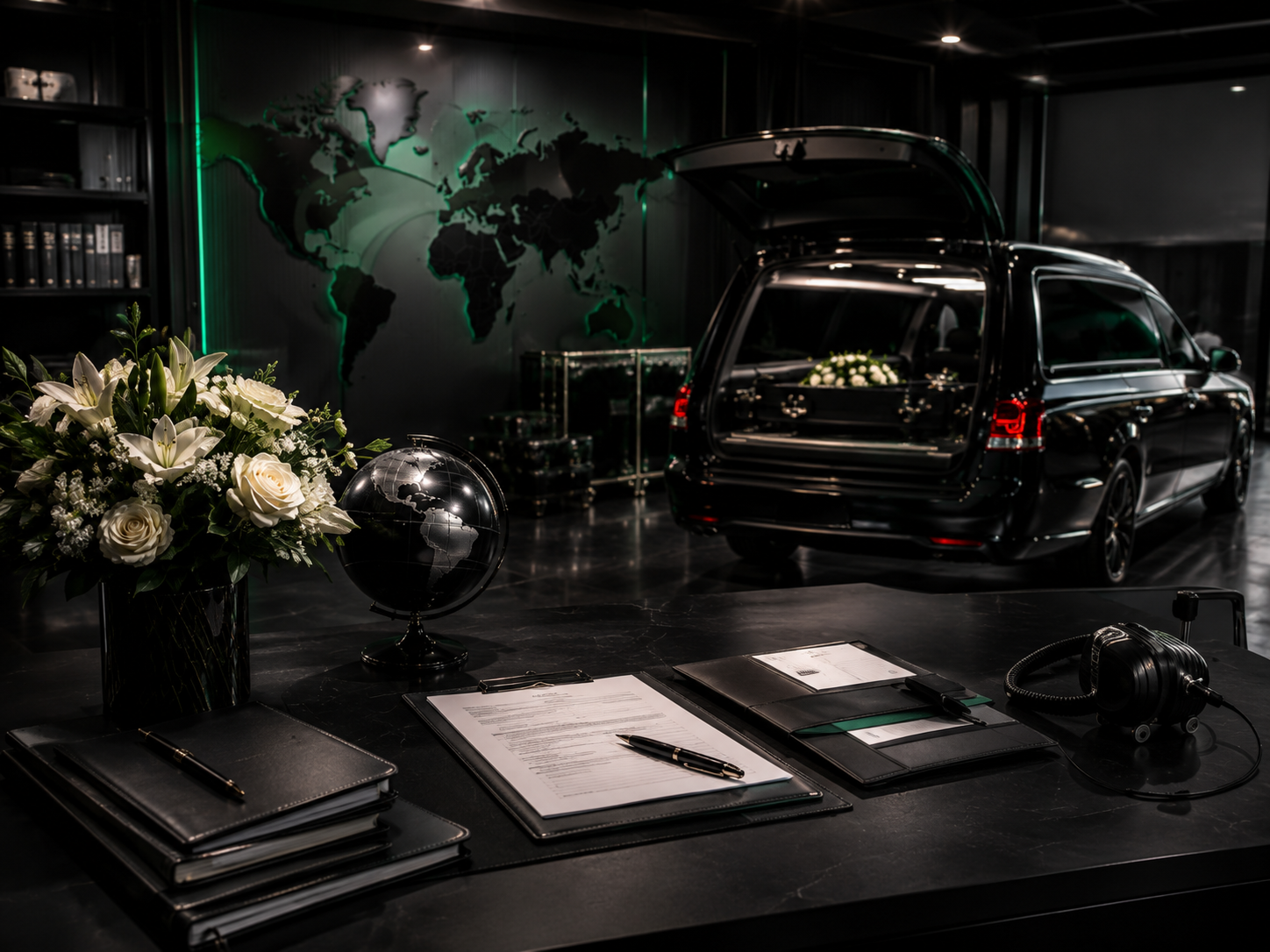 Professional repatriation coordination scene with flowers, documents, headset, global map, and respectful transport planning support.