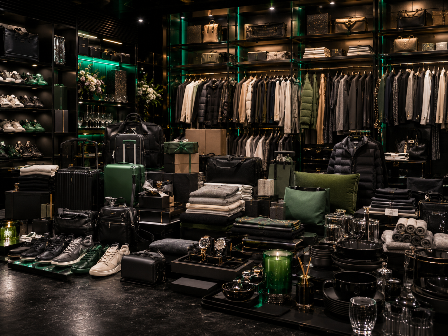 A luxury clothing store display with shelves of handbags and shoes, racks of men's and women's clothing, and various accessories including watches, bags, and folded textiles, all in black and green accents.