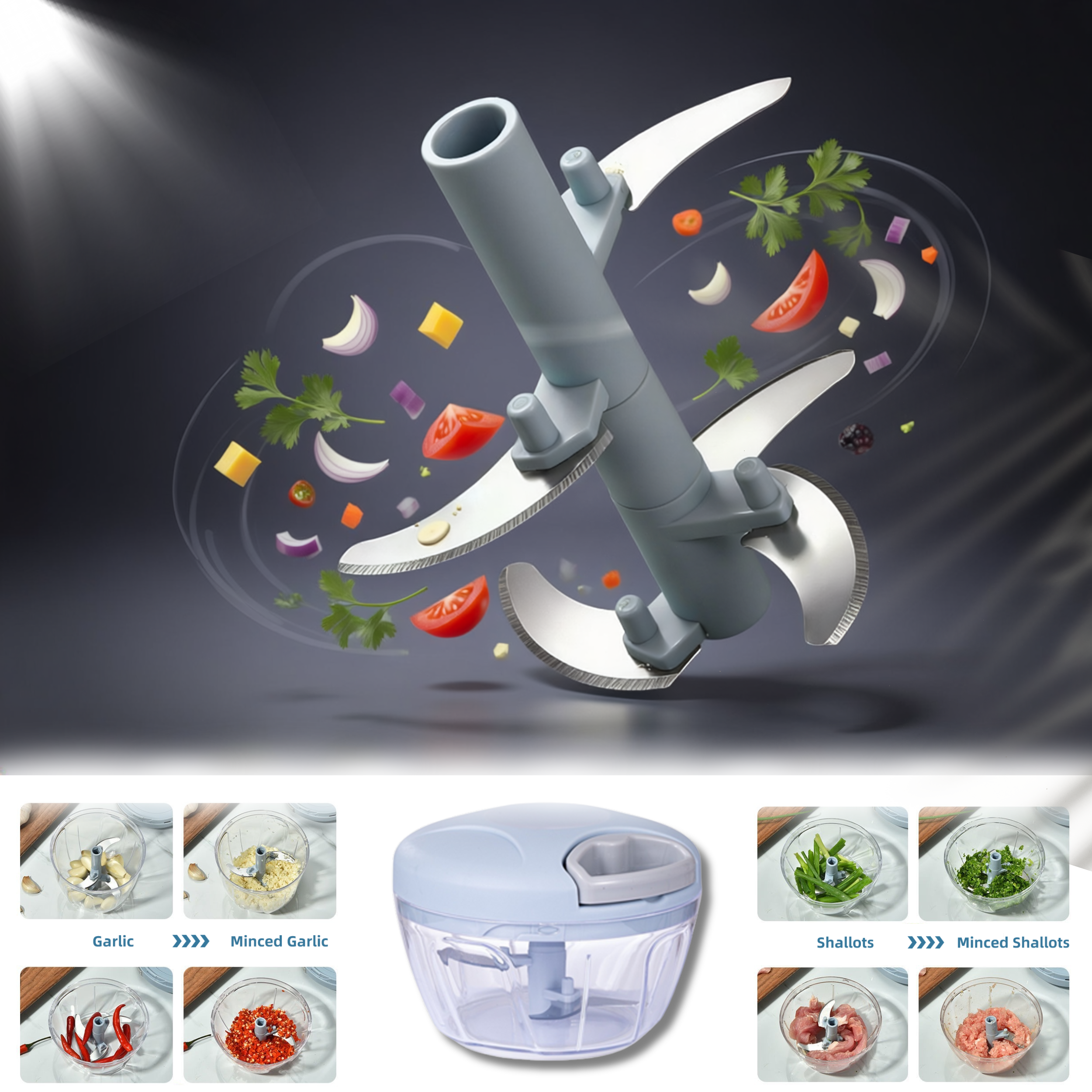Manual food chopper blade assembly showing sharp internal chopping blades for vegetables, garlic, herbs, and meal prep