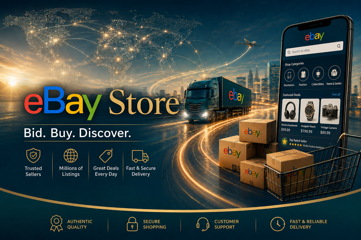 eBay store promotional graphic featuring a delivery truck, boxes, a smartphone displaying the eBay app, and a digital world map background. Text highlights bidding, buying, discovering, trusted sellers, large listings, daily deals, secure delivery, and customer support.