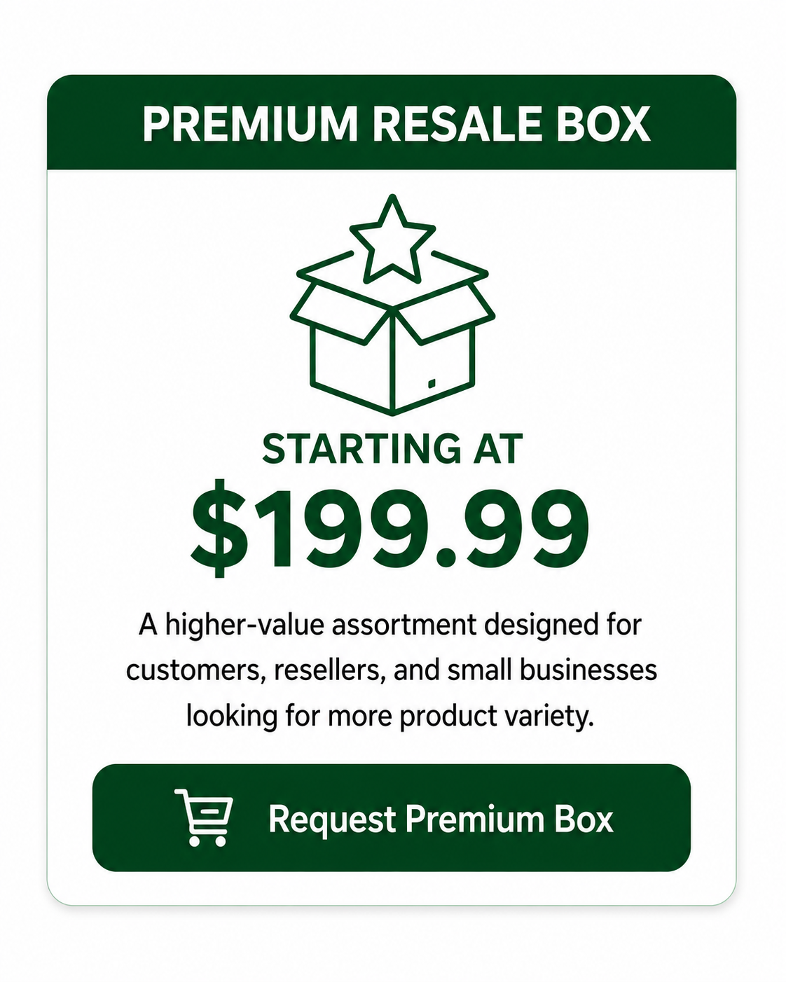 Premium resale box advertisement with a line drawing of an open box with a star on top, and text indicating prices starting at $199.99, aimed at customers, resellers, and small businesses.
