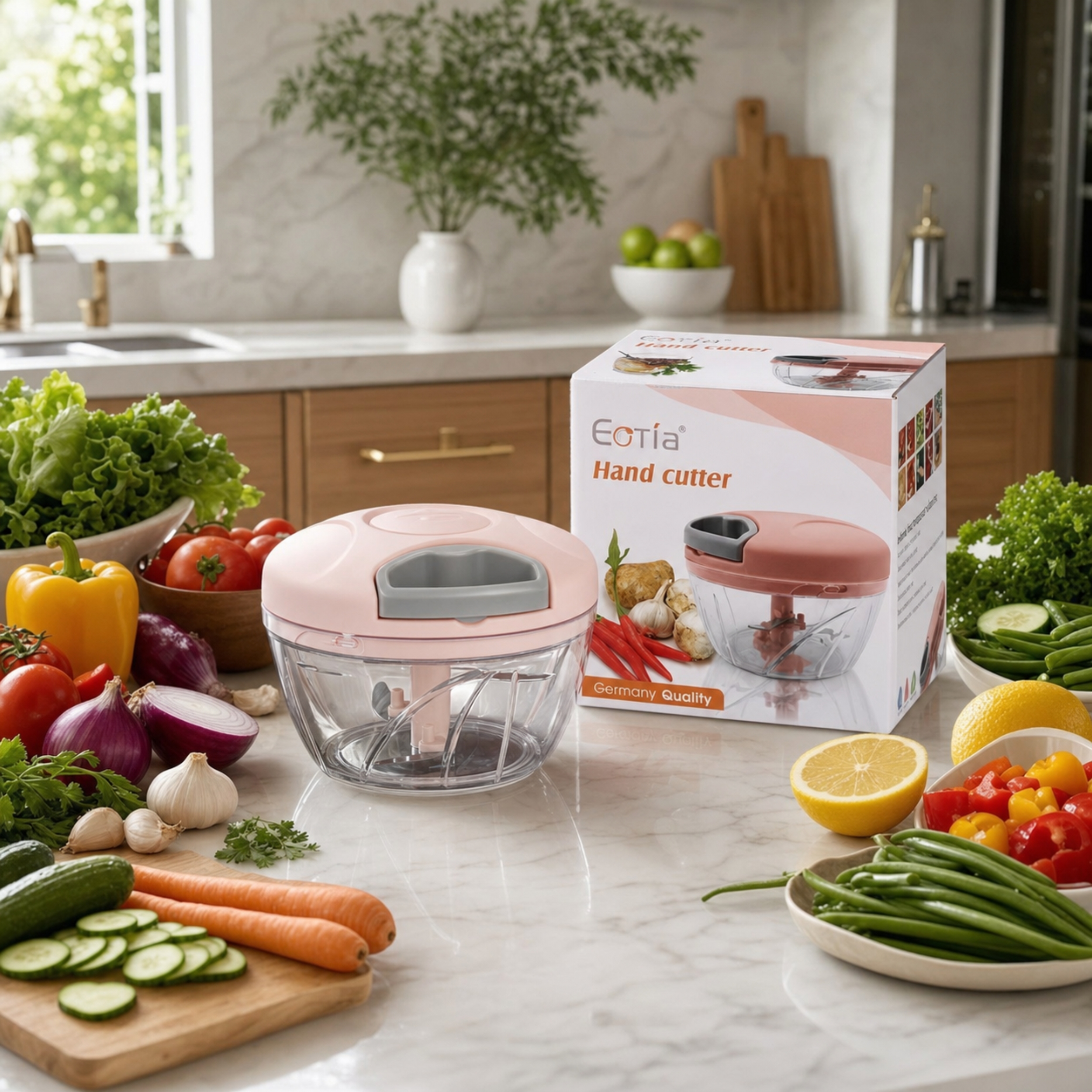 Pull string vegetable chopper with clear bowl, product packaging, and fresh vegetables on kitchen counter
