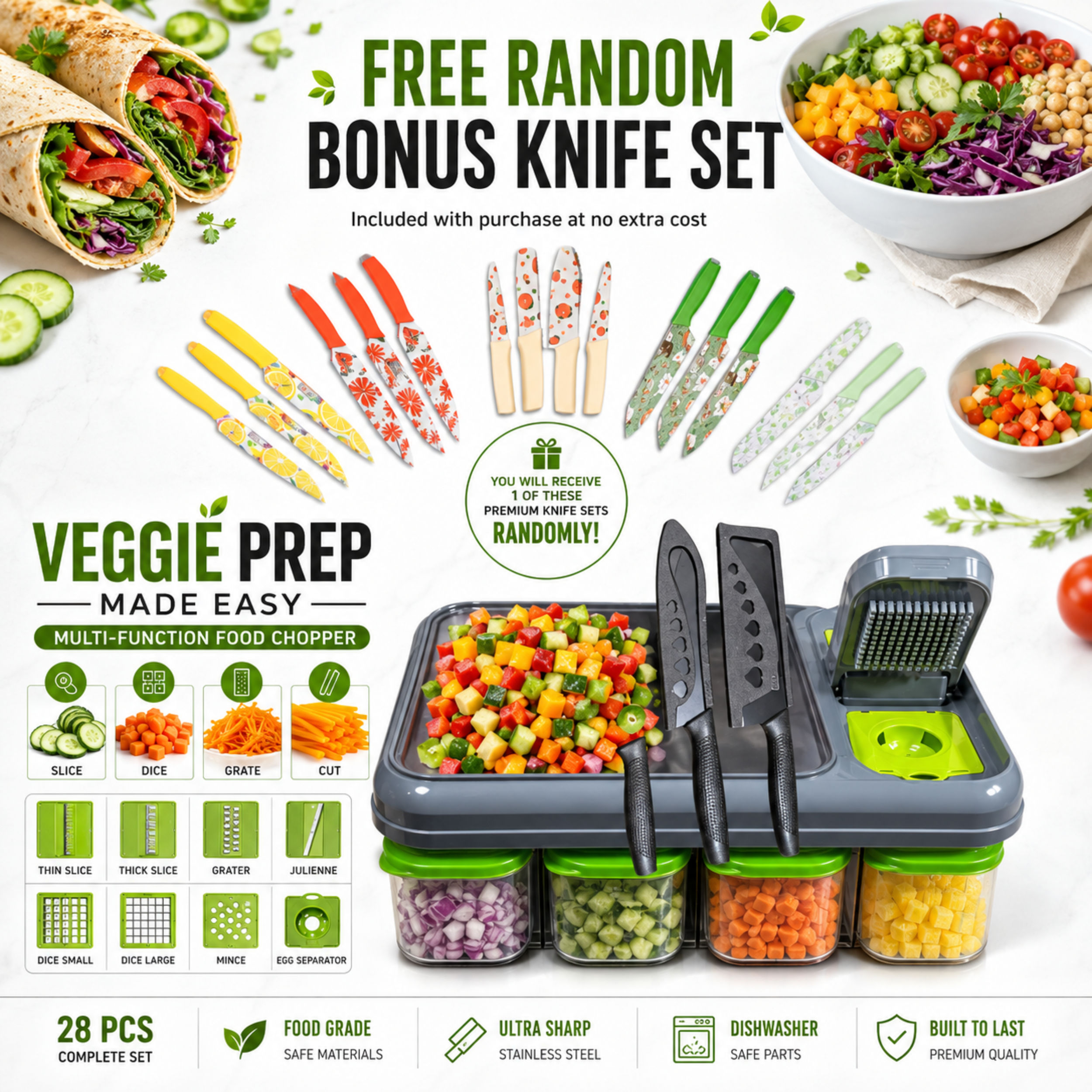 Vegetable prep kitchen set with mandoline slicer, food chopper, storage containers, blade attachments, and bonus knife set