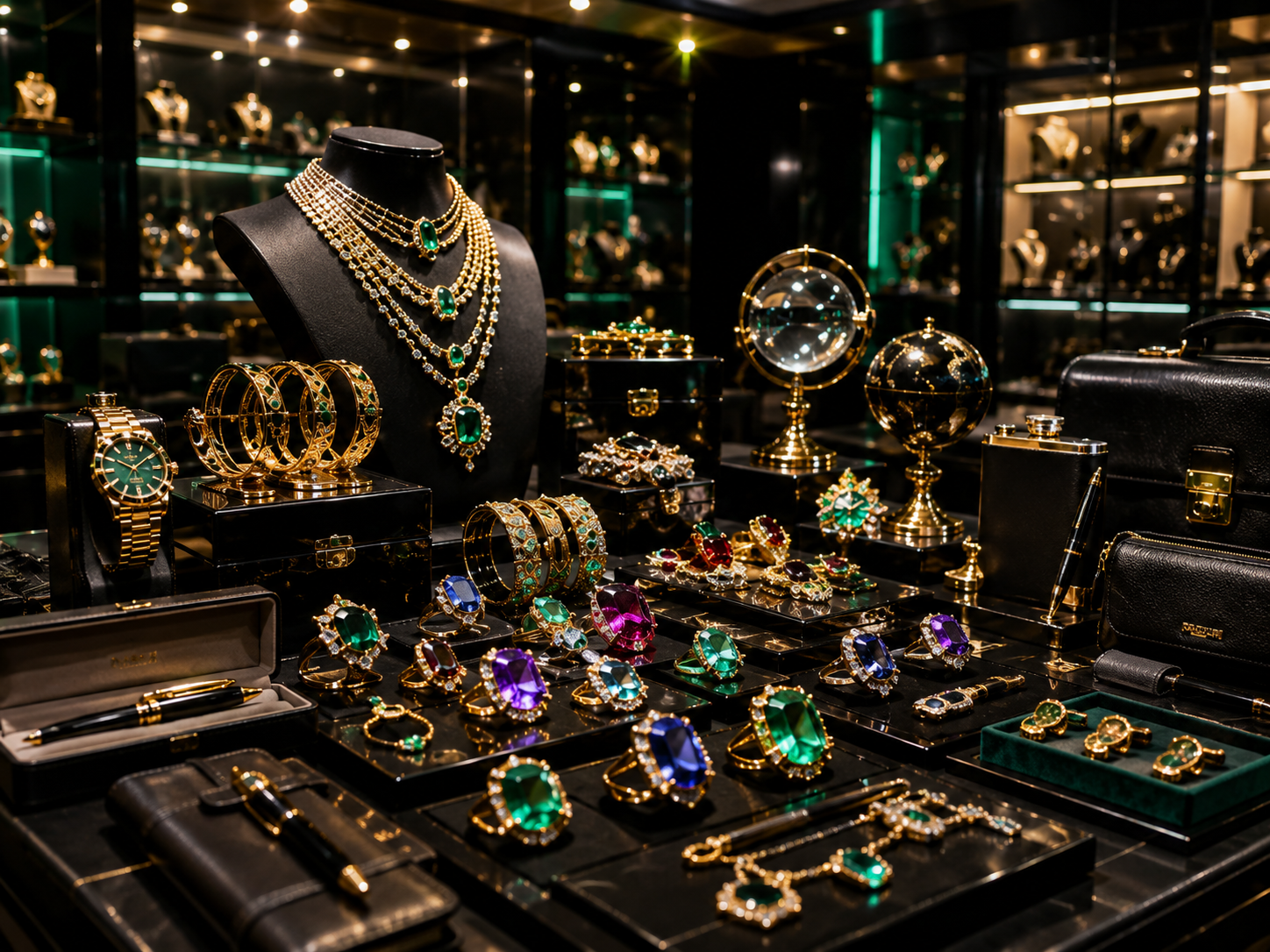 Luxury jewelry, watches, gemstones, accessories, and specialty hard-to-find items displayed in a premium black showroom.
