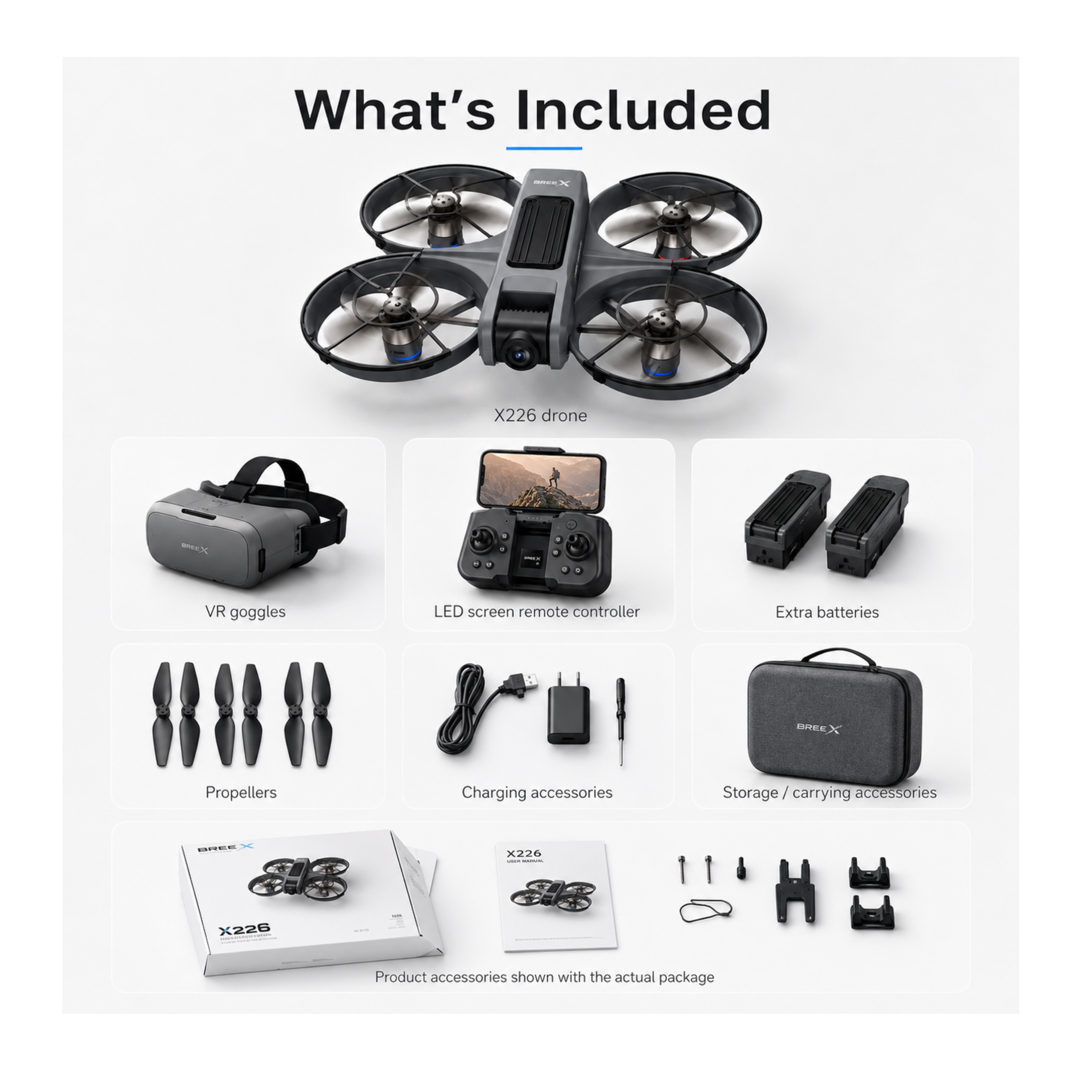 X226 VR FPV drone kit with drone, VR goggles, LED screen remote controller, extra batteries, propellers, charging accessories, storage case, and product accessories