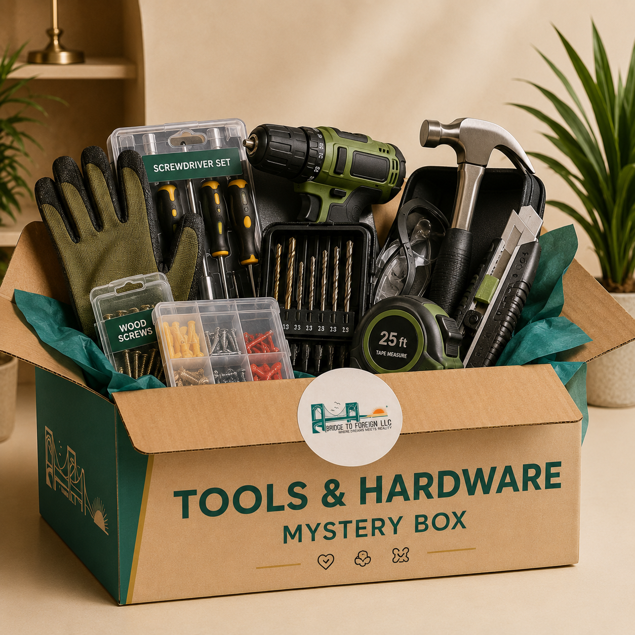 Open box containing tools and hardware including gloves, screwdrivers, drill bits, measuring tape, hammer, safety glasses, and screws.