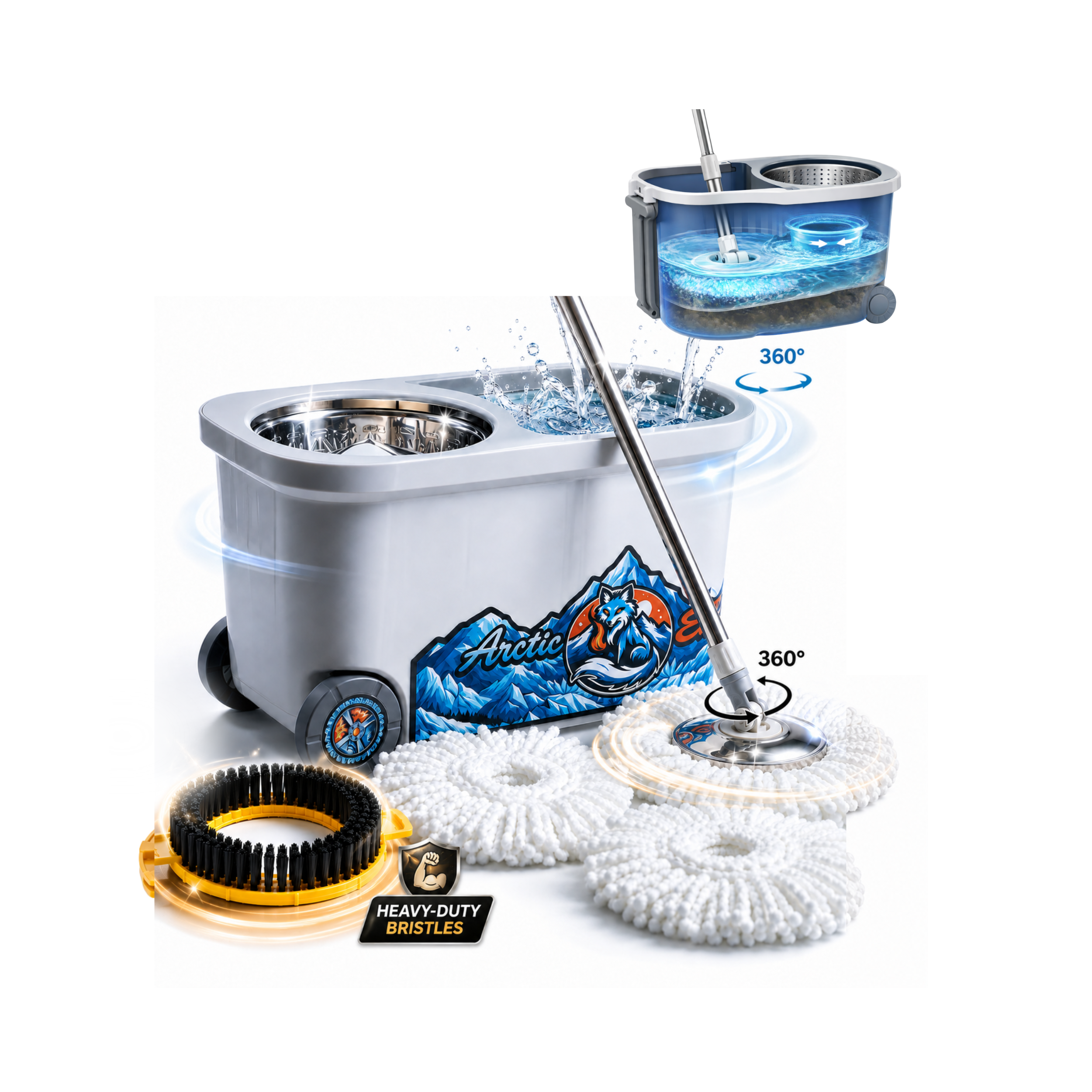 20L Spin Mop & Bucket System with Wringer, 3 Microfiber Mop Heads + 1 Heavy-Duty Scrub Brush