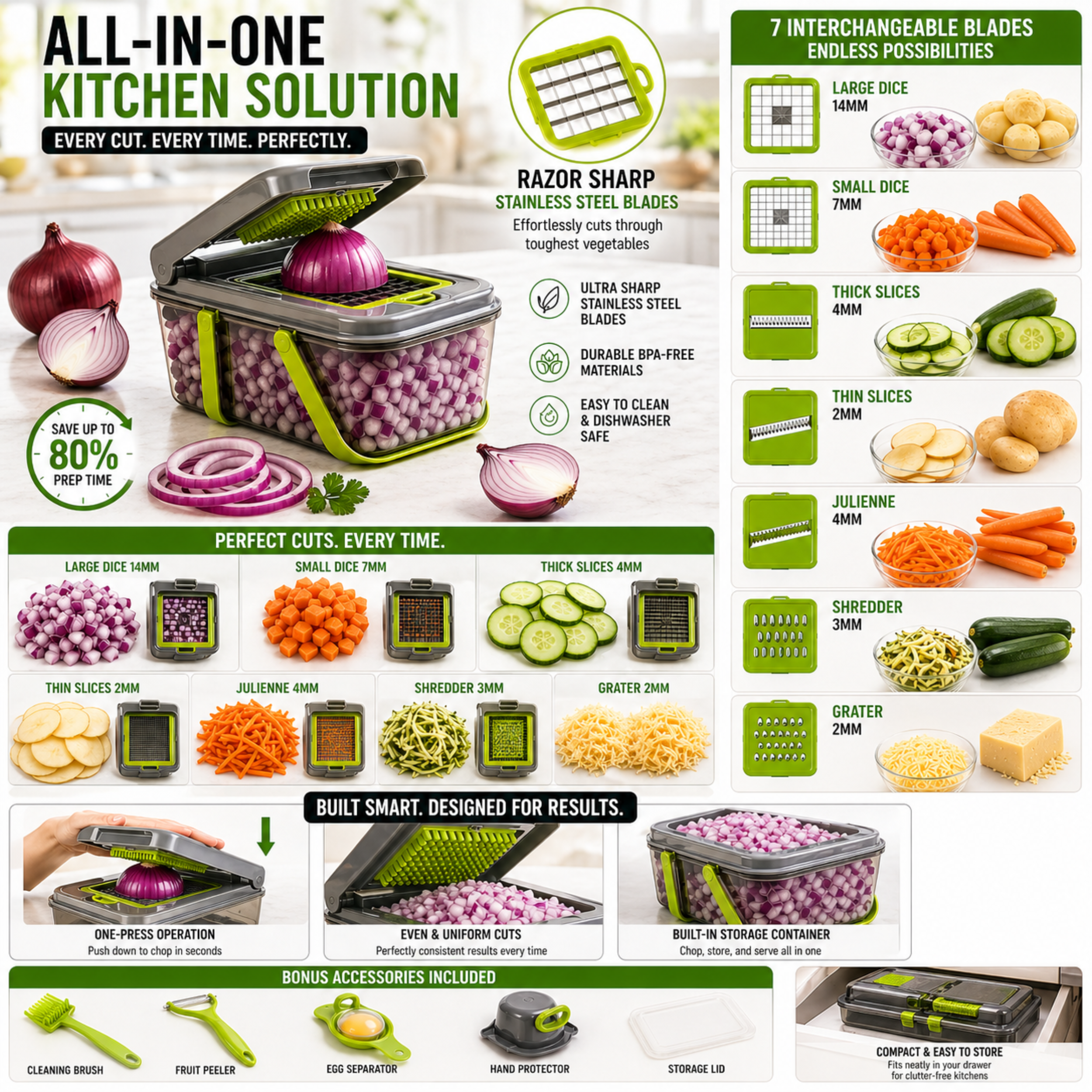 All-in-one vegetable chopper and mandoline slicer set showing interchangeable blades for slicing, dicing, shredding, grating, and chopping vegetables