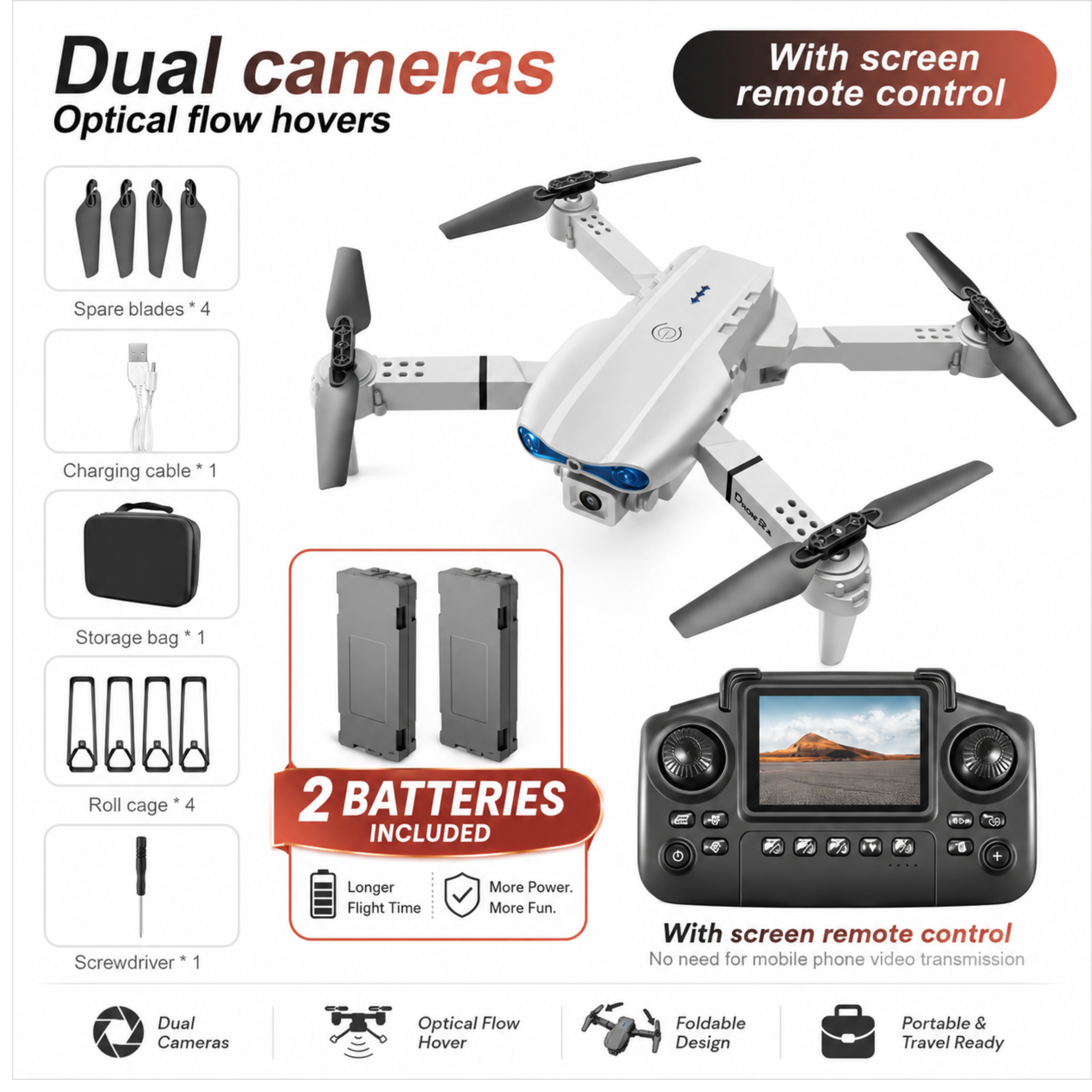 E88 Pro gray dual camera drone with screen remote controller, two batteries, spare blades, storage bag, and charging cable