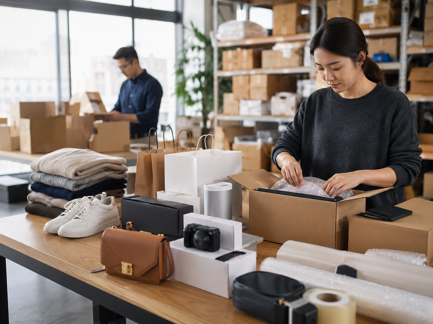 Two people in a warehouse packaging products, with items such as shoes, clothing, and accessories on the table.
