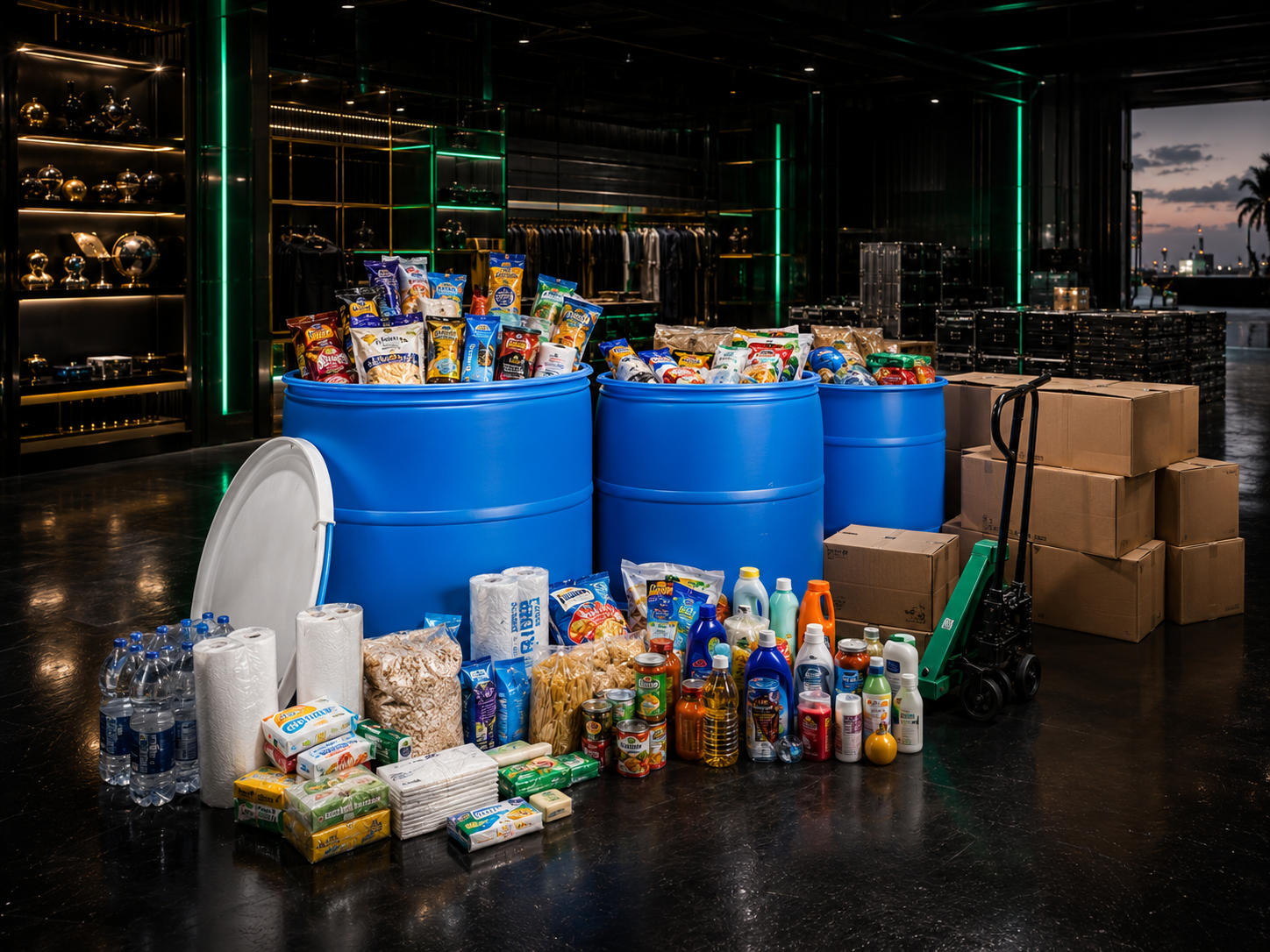 A storage area with three large blue barrels filled with snacks, boxes, beverages, and paper products, along with cardboard boxes and a hand pallet jack on the floor.