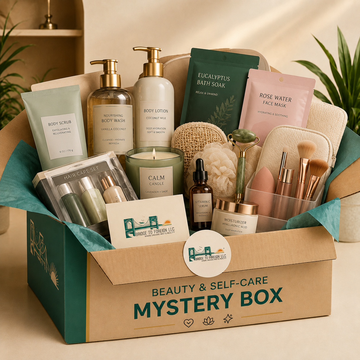 A cardboard box labeled 'Beauty & Self-Care Mystery Box' filled with various skincare, beauty, and relaxation products including body scrub, body wash, body lotion, eucalyptus bath soak, rose water face mask, candles, serums, makeup brushes, and skincare tools, arranged neatly with decorative wrapping paper and eco-friendly branding.