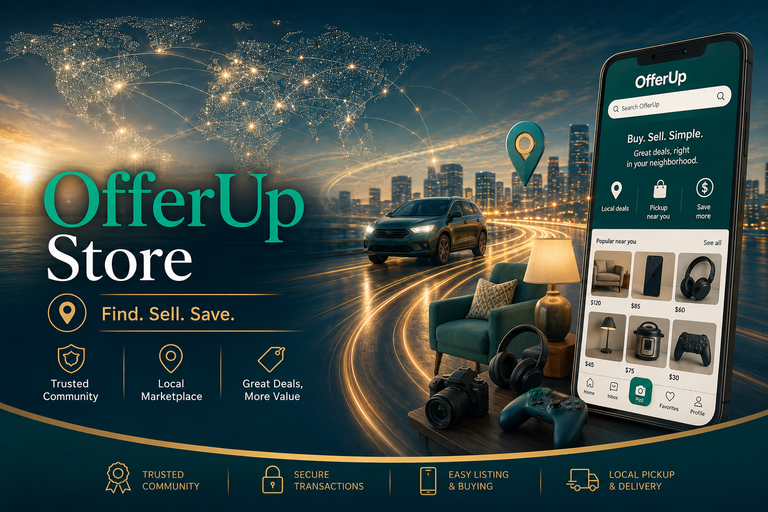 An advertisement for the OfferUp store, featuring a digital map with connected points over a city skyline at sunset, with a car, a cozy chair with a lamp, a camera, a game controller, and a smartphone displaying the OfferUp app interface.