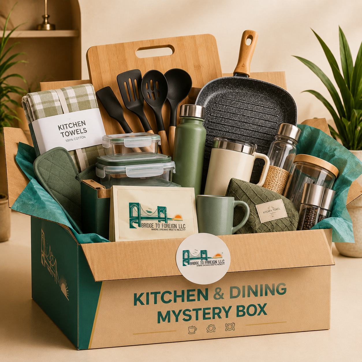 A box labeled 'Kitchen & Dining Mystery Box' filled with kitchenware and home goods, including cookware, utensils, mugs, containers, towels, and decor items.