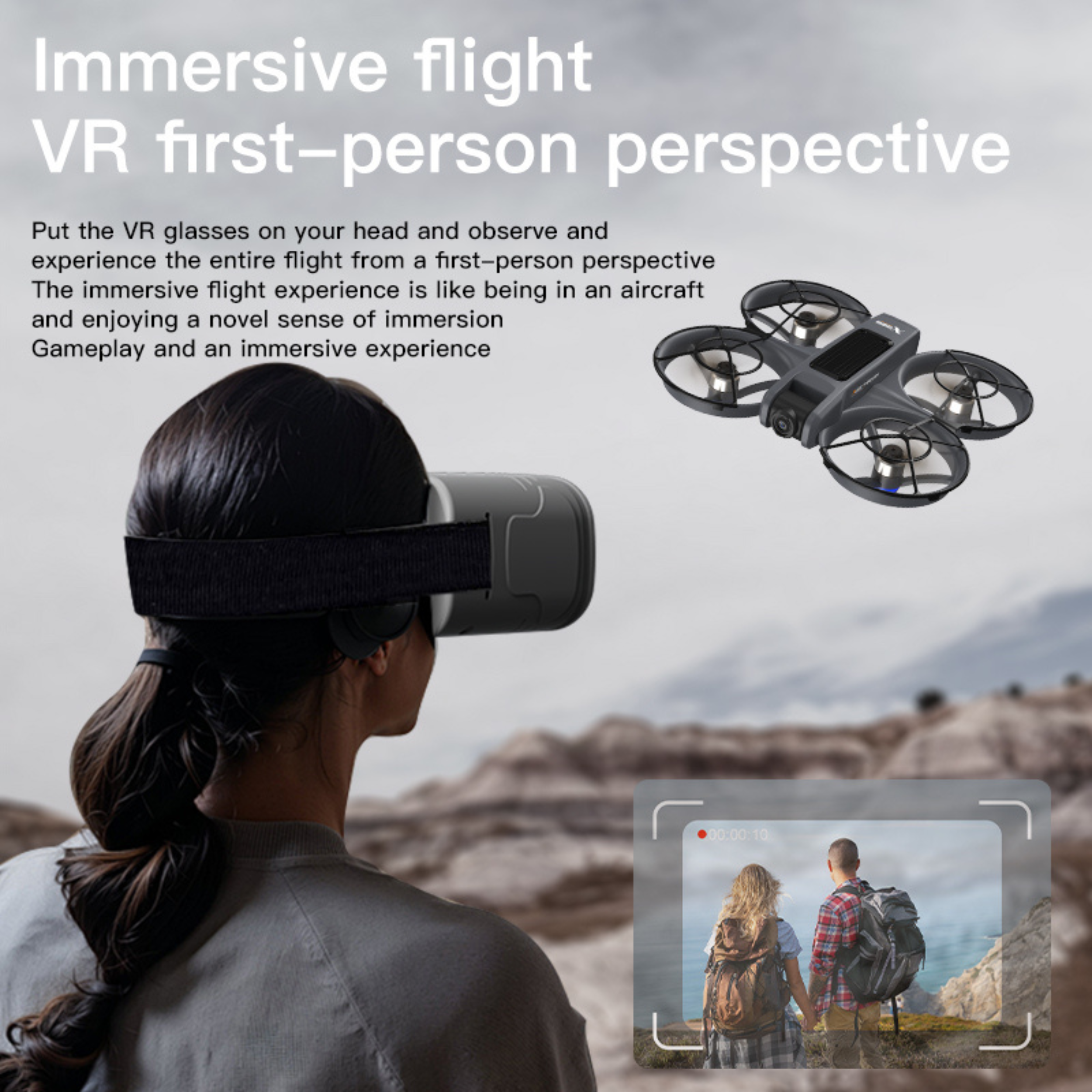 Person using VR goggles to view live first-person flight from the X226 VR FPV drone outdoors