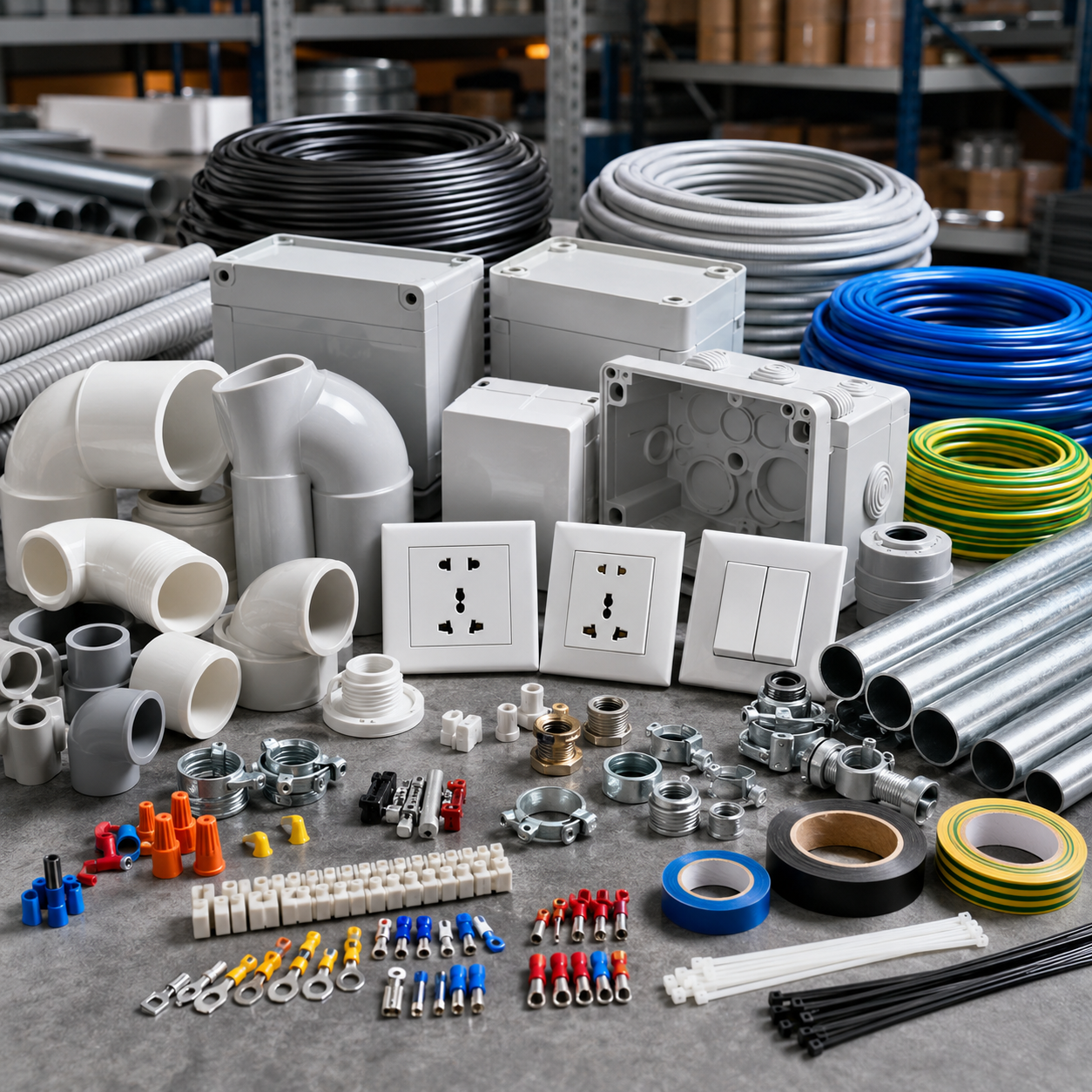 Various electrical and plumbing supplies including pipes, wires, outlets, connectors, and fittings arranged on a work surface in a warehouse setting.