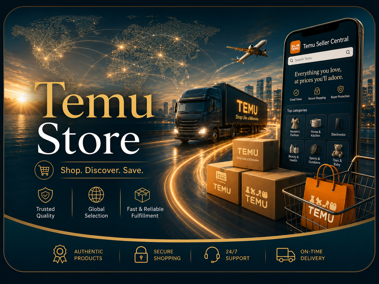 Digital advertisement for Temu Store featuring a city skyline at sunset, a delivery truck, packages with Temu branding, a smartphone displaying the Temu app, shopping bags, and icons highlighting trusted quality, global selection, fast fulfillment, authentic products, secure shopping, 24/7 support, and on-time delivery.