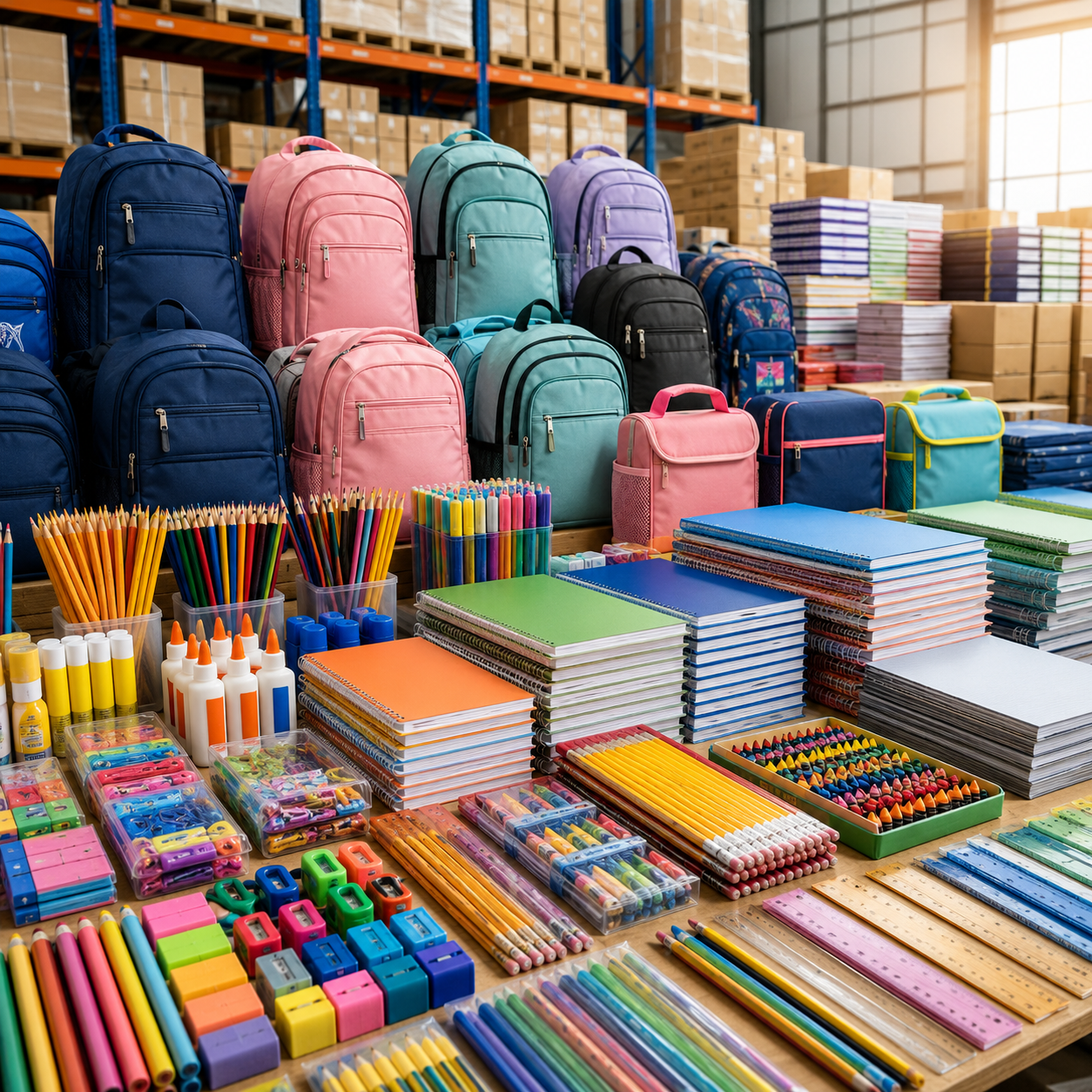 School supplies including backpacks, notebooks, crayons, markers, pens, glue, scissors, rulers, and erasers displayed in a classroom or office setting.