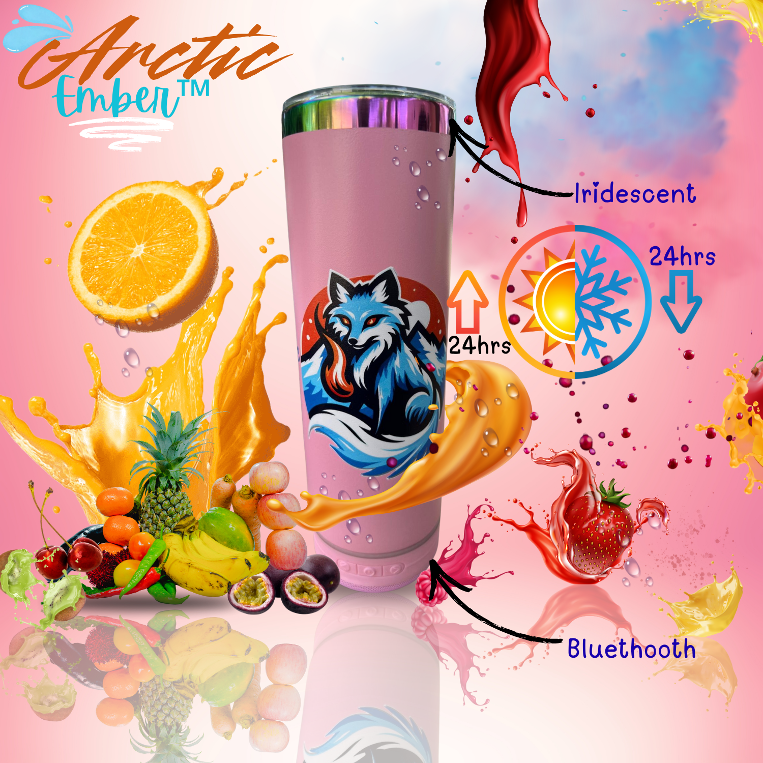 Pink Bluetooth speaker tumbler with straw lid, fruit splash design, cold drink graphics, Bluetooth feature, and 24 hour drink icons